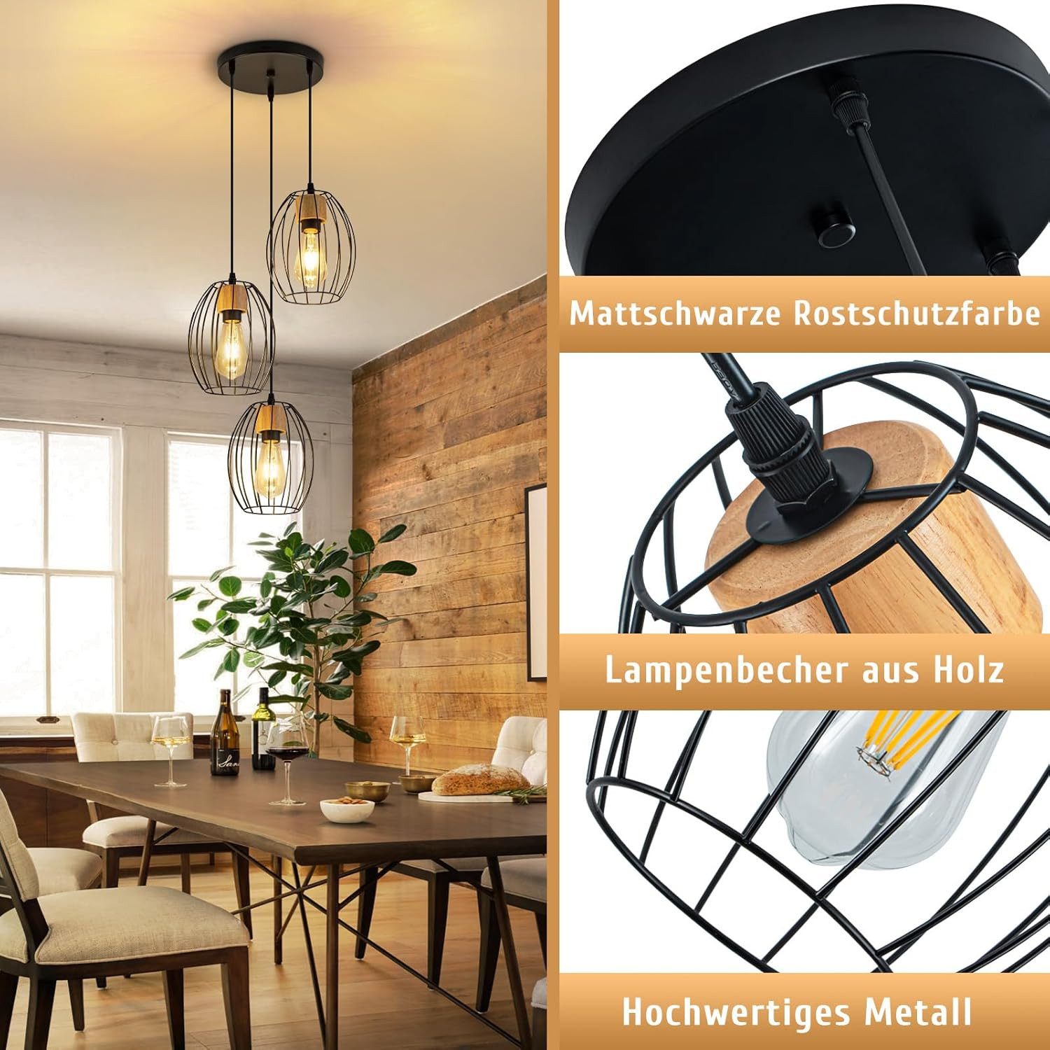 NETTLIFE Vintage svart pendellampa med 3 ljuskällor, industriell chic, metall och trä, E27