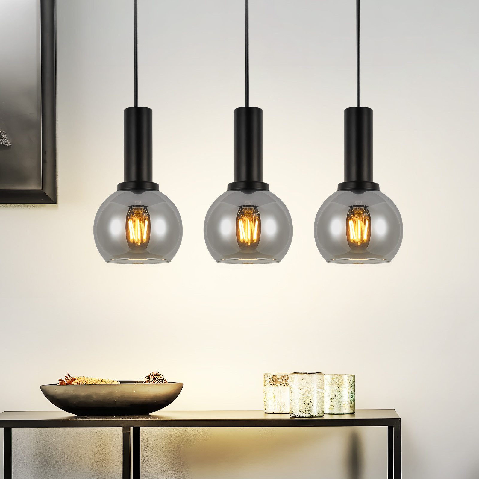 NETTLIFE Vintage pendellampa, 3 lågor, glaspendellampa, E27, industriell lampa för matsalen, höjdjusterbar
