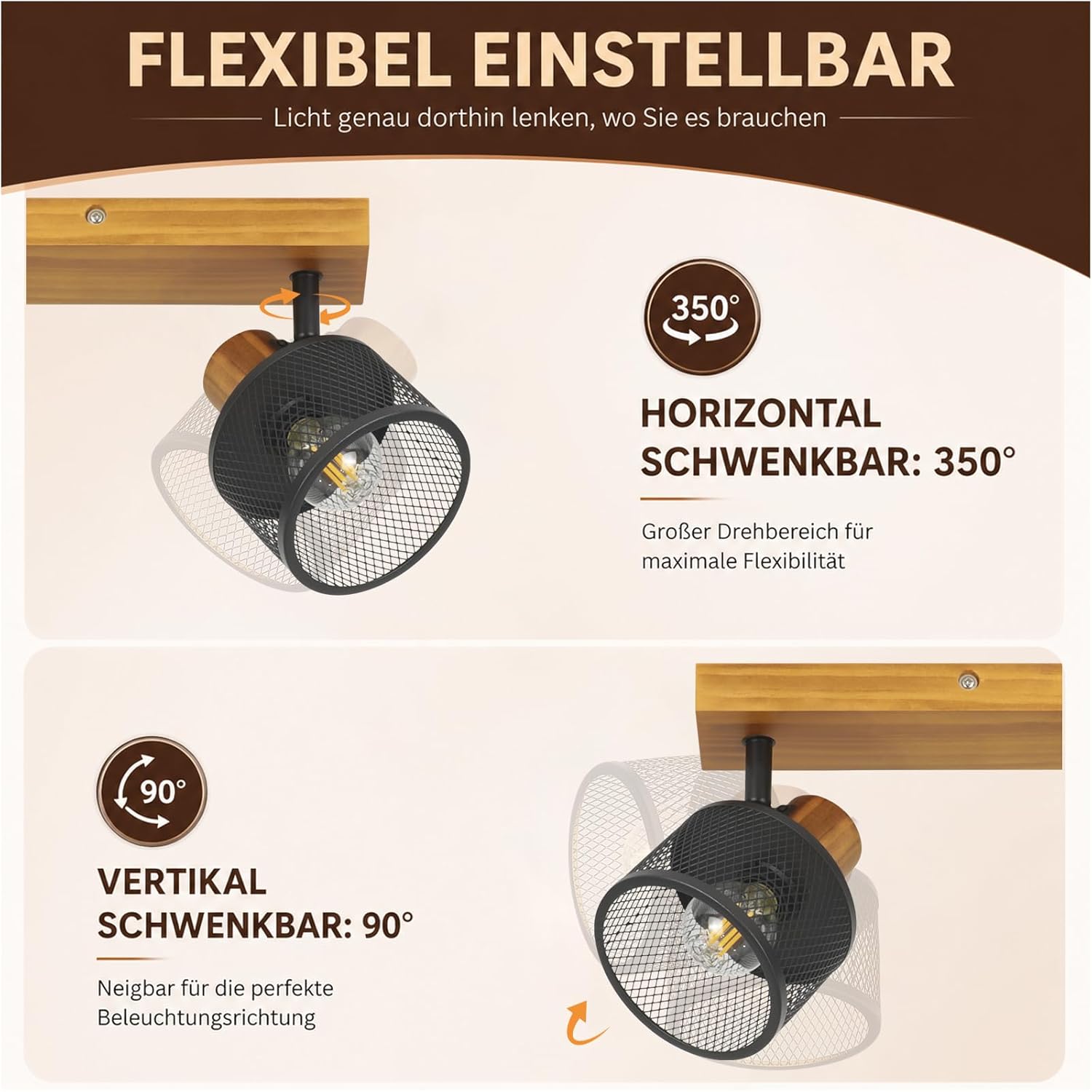 NETTLIFE industriell taklampa med 3 E14-lampor, träfinish, retro svart metalllampa, 350° justerbar, för kök, vardagsrum