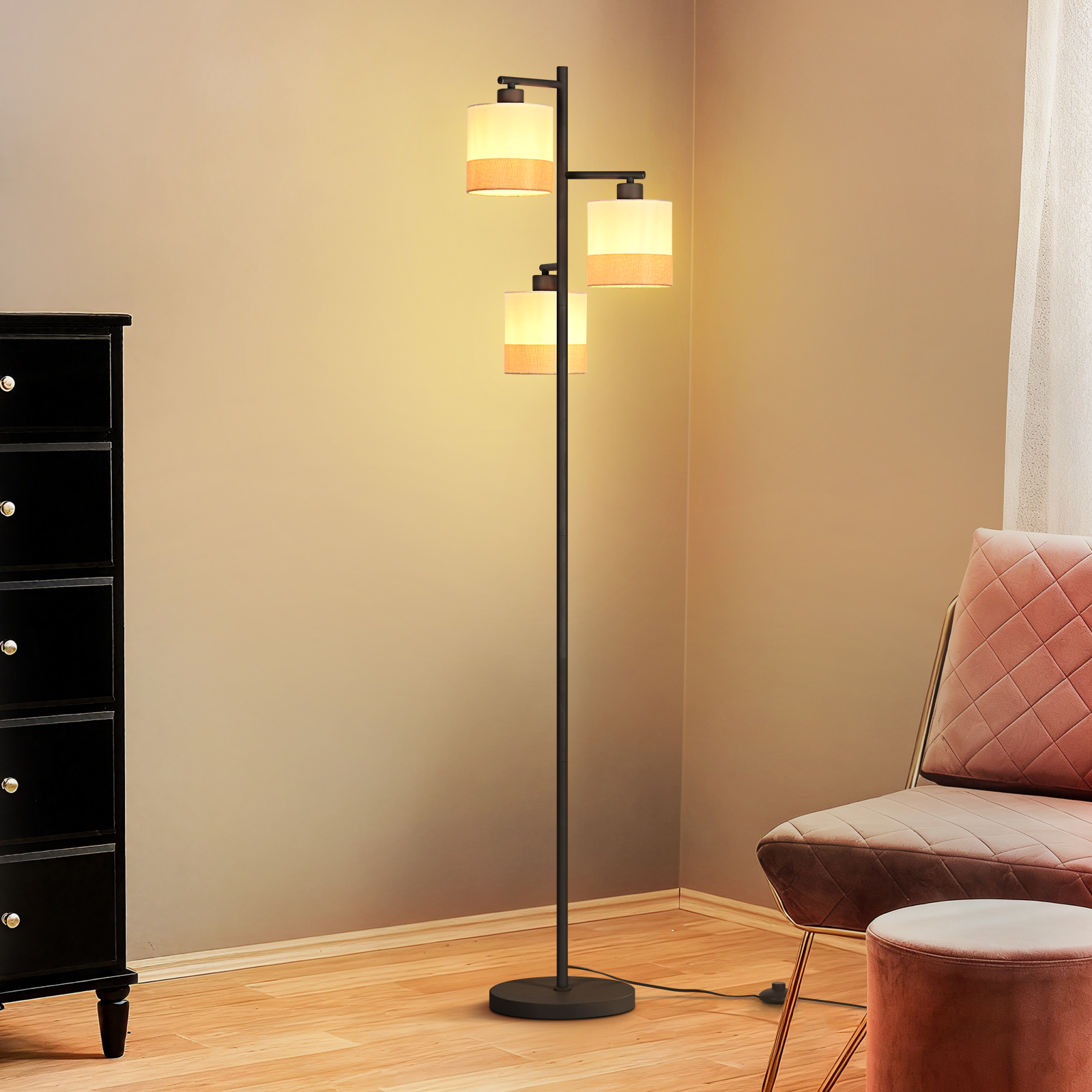 NETTLIFE 3-ekrad retro bordslampa i vitt tyg med E27-skärm ingår ej för vardagsrum eller kök