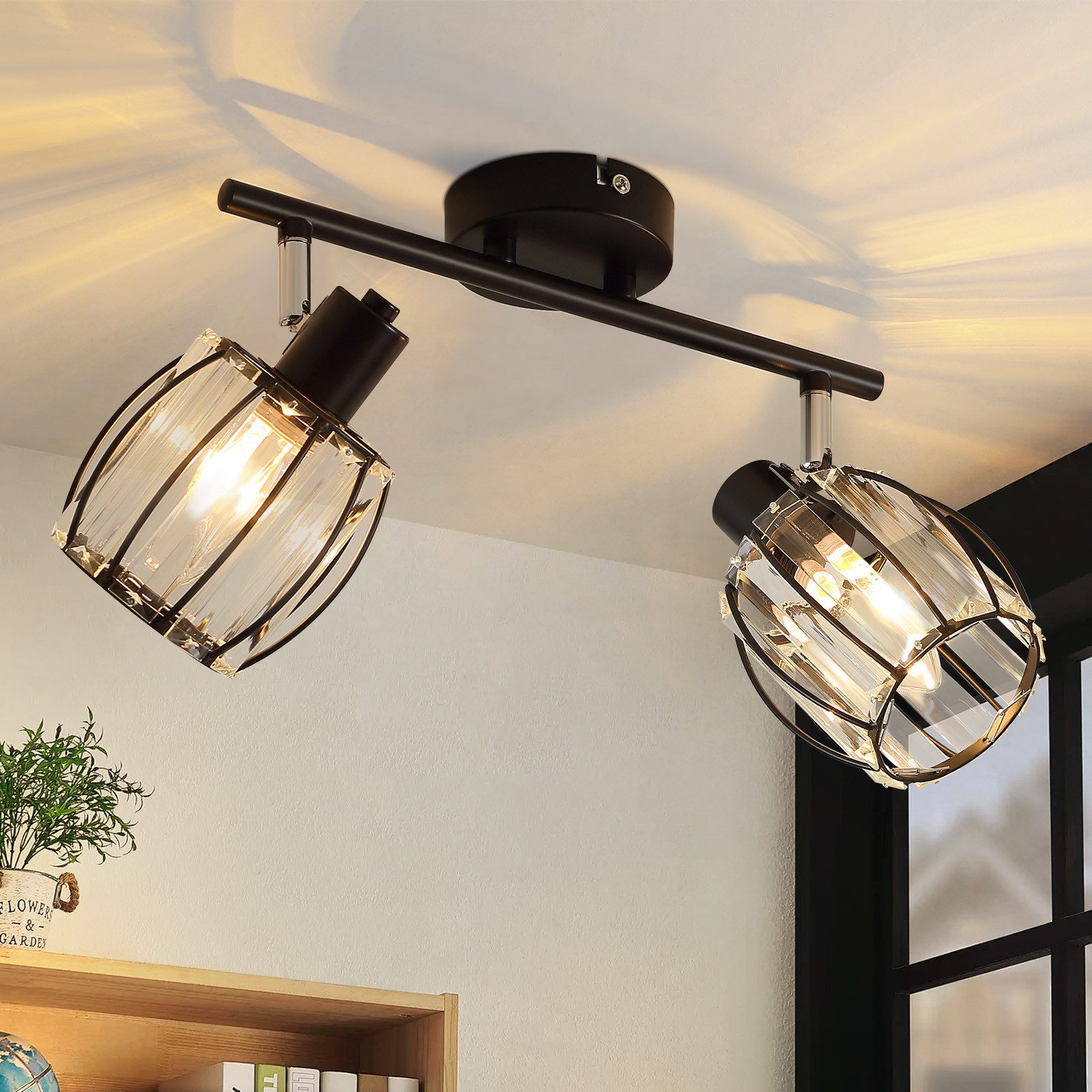 NETTLIFE Takspotlight i svart kristall i vintagestil, E14, med 2 ljuskällor för industriell hall, 350° vridbar