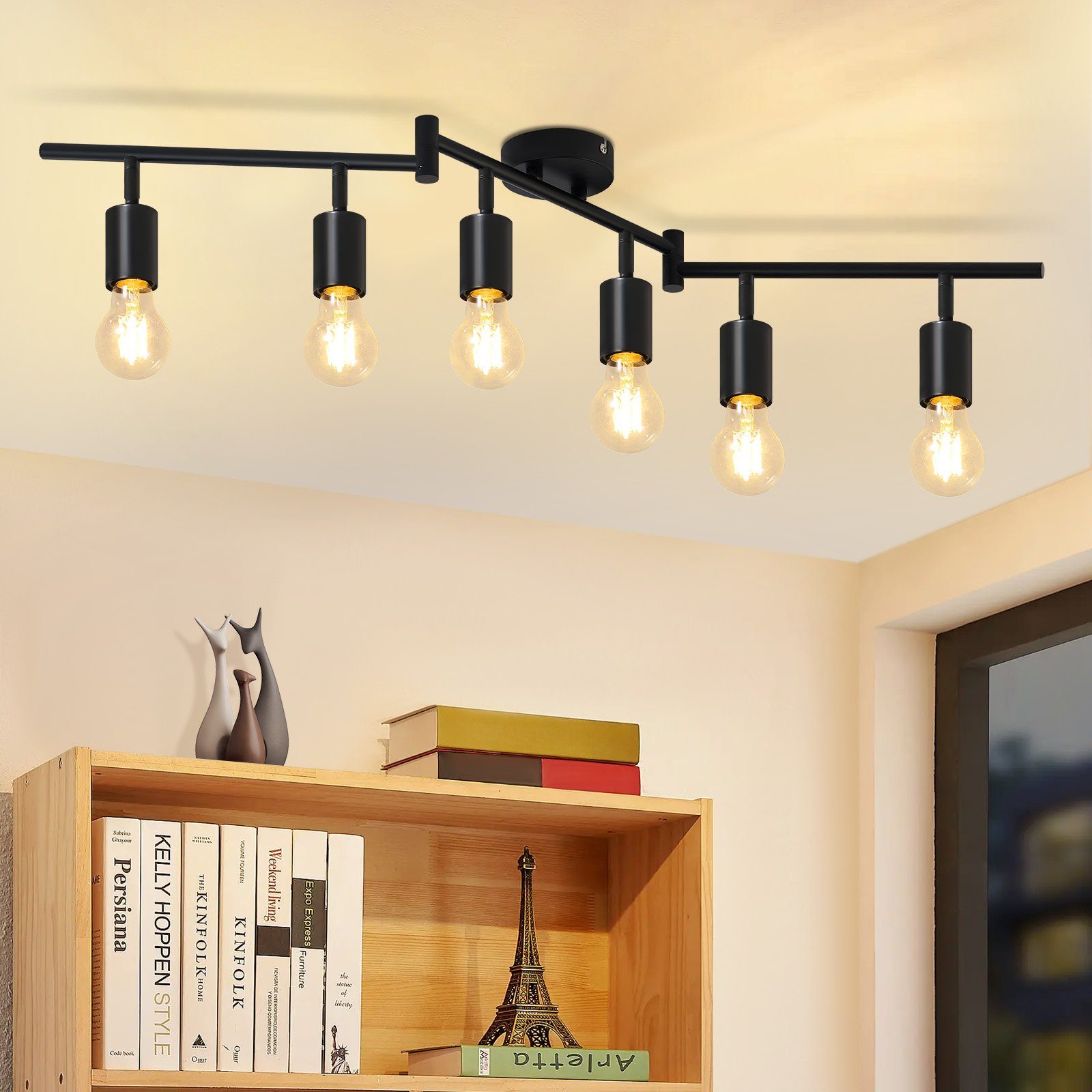 NETTLIFE Takspotlight svart E27 vintage taklampa med 6 lågor, justerbar 350° för industriellt bruk