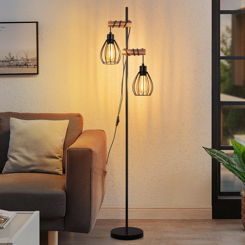 NETTLIFE golvlampa - industriell svart metalllampa med burskärm, 2×E27, 152 cm (utan glödlampor)