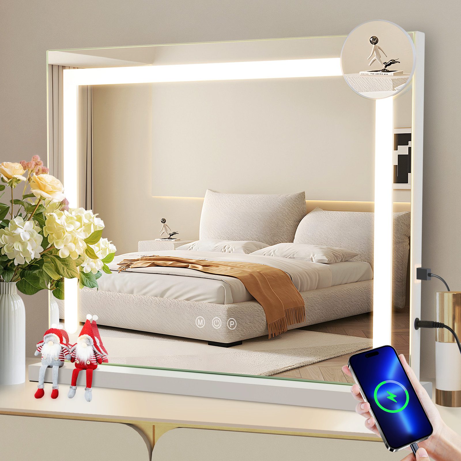 NETTLIFE - sminkspegel med dimbart ljus, 3 färglägen, 5x förstoringsspegel, USB-anslutning, för omklädningsrummet