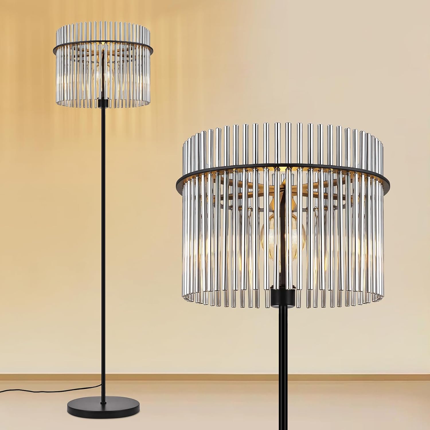 NETTLIFE Svart golvlampa, glaskropp – E27-sockelgolvlampa med fotströmbrytare, modern stil (glödlampa ingår ej)