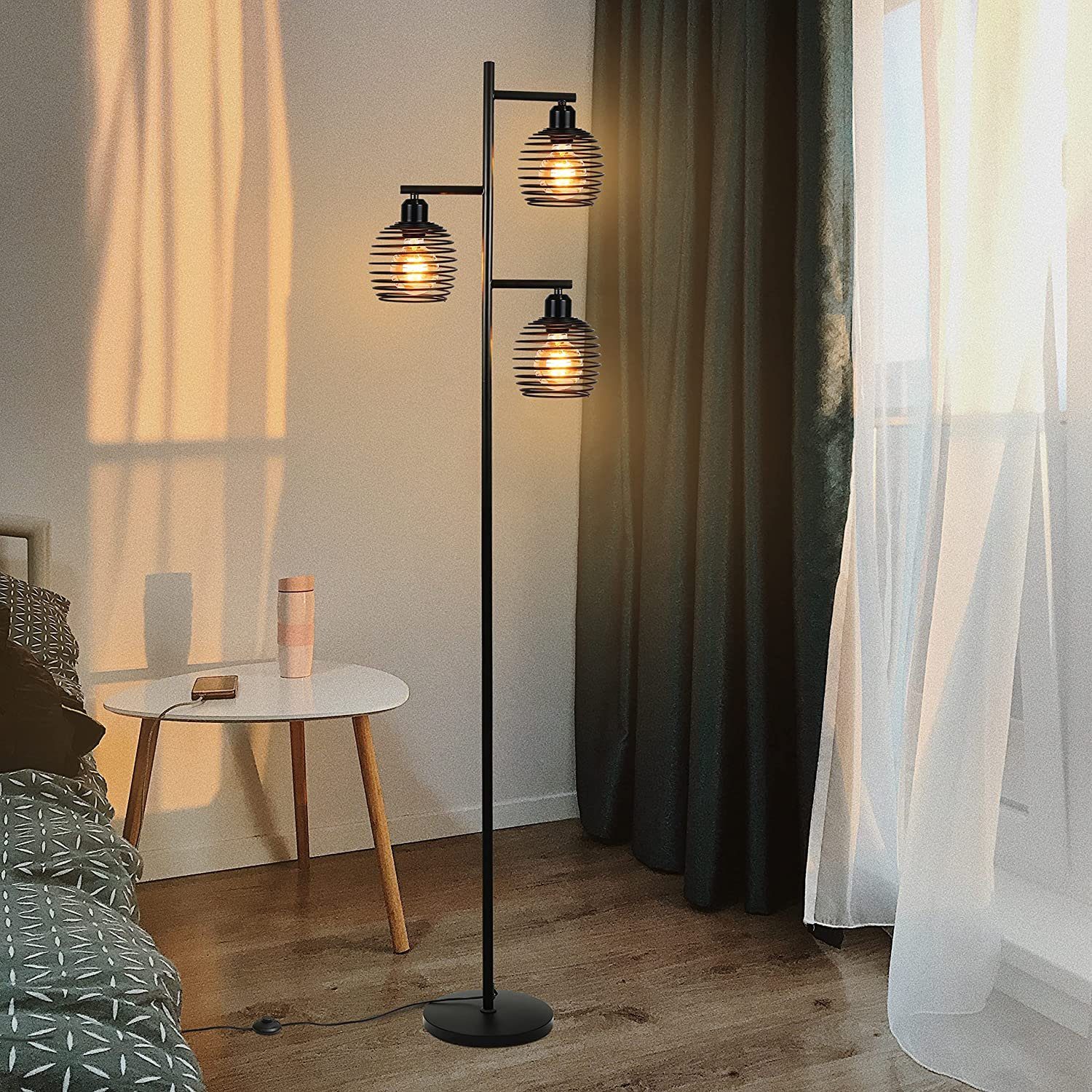 NETTLIFE Vintage golvlampa för vardagsrum - E27 3-ljus 25W industriell svart golvlampa 152 cm med fotströmbrytare