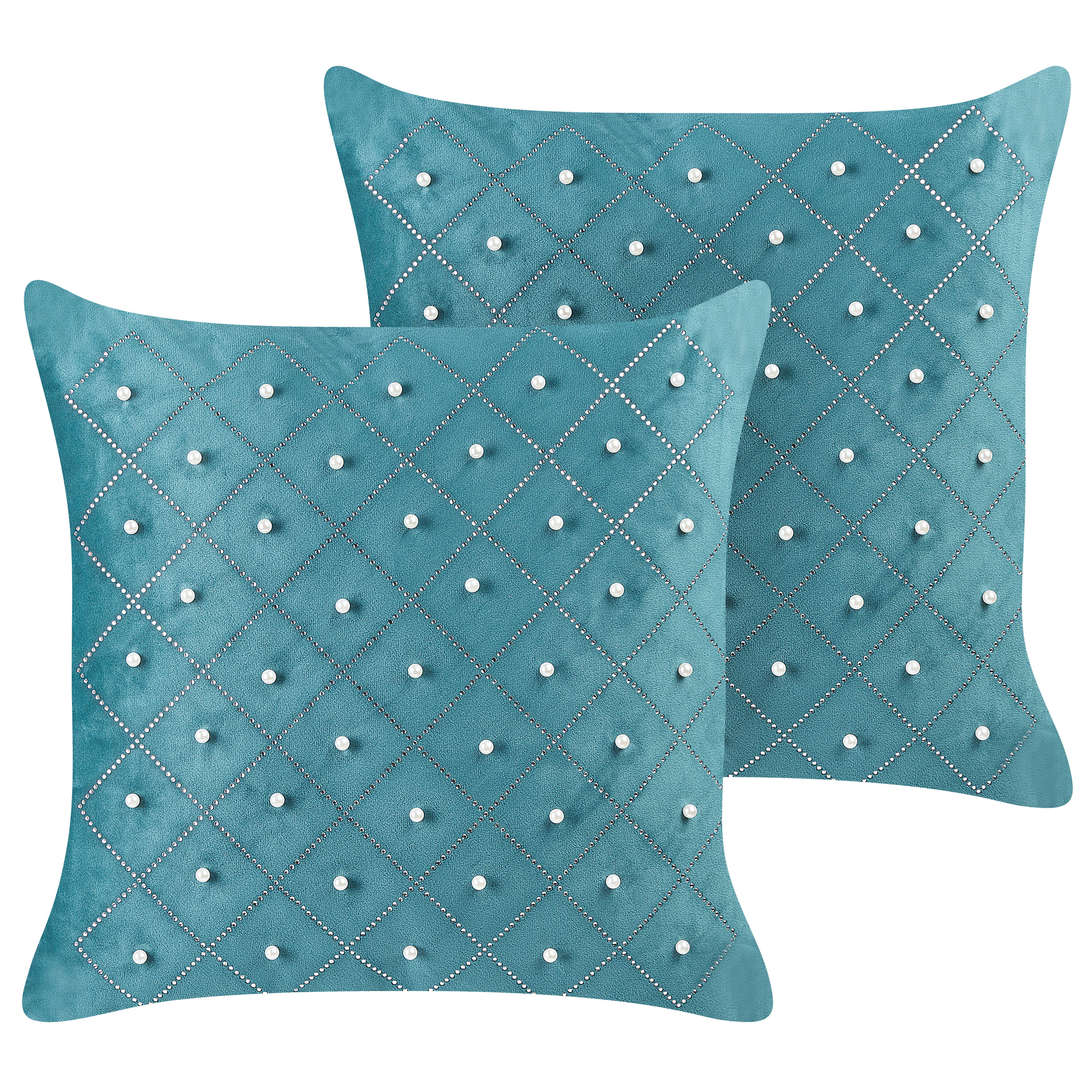 Set med 2 prydnadskuddar YARROW 45 x 45 cm Sammet Blågrön Geometriskt tryck