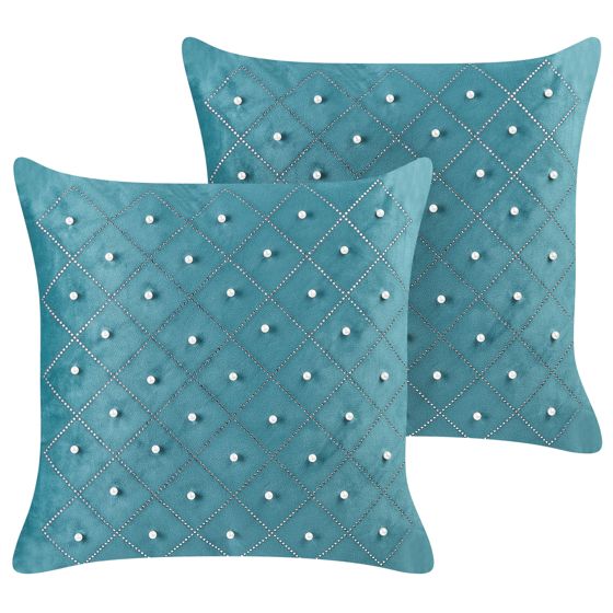 Set med 2 prydnadskuddar YARROW 45 x 45 cm Sammet Blågrön Geometriskt tryck