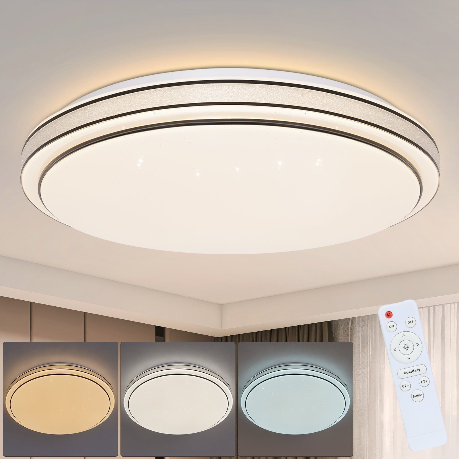NETTLIFE modern LED-taklampa, rund 27 cm stjärnhimmel, dimbarMed fjärrkontroll, 23 W, sovrumslampa, för vardagsrum För kök