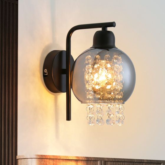NETTLIFE Rökgrå, glas, vägglampa med kristallkula, E27, för sovrum, modern, inomhuslampa i hallen