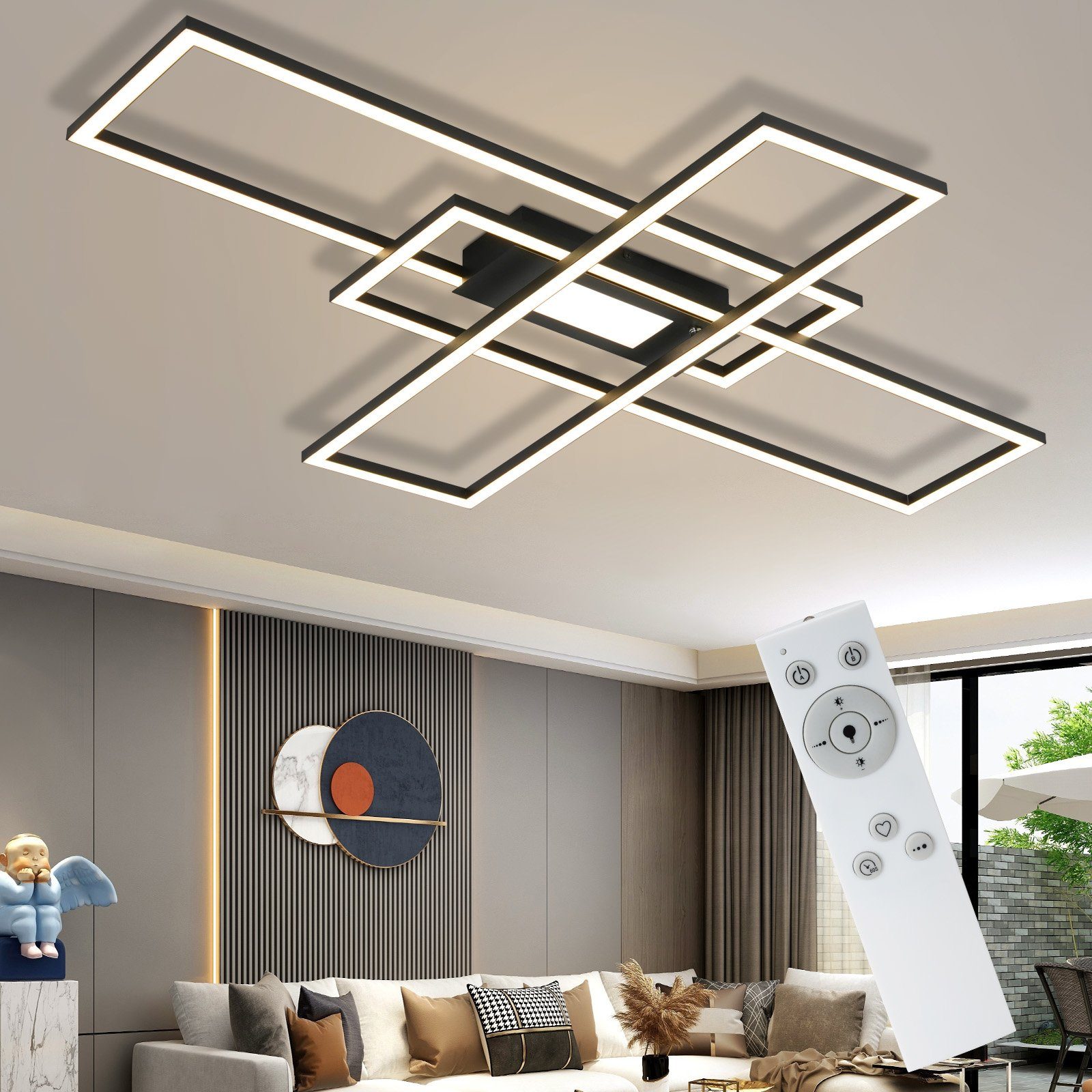 NETTLIFE LED - taklampa, vardagsrumslampa, svart, modern, dimbar Lampa med fjärrkontroll, 50 W, för sovrum, stor För kök