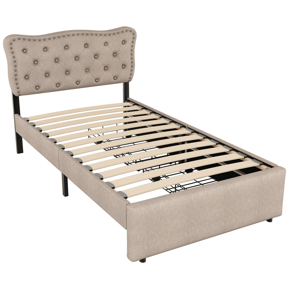 Klädd säng 90 x 200 cm, mörkbeige linne + MDF, nattduksbord + dekorativa nitar + 2 lådor