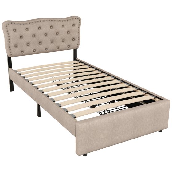 Klädd säng 90 x 200 cm, mörkbeige linne + MDF, nattduksbord + dekorativa nitar + 2 lådor