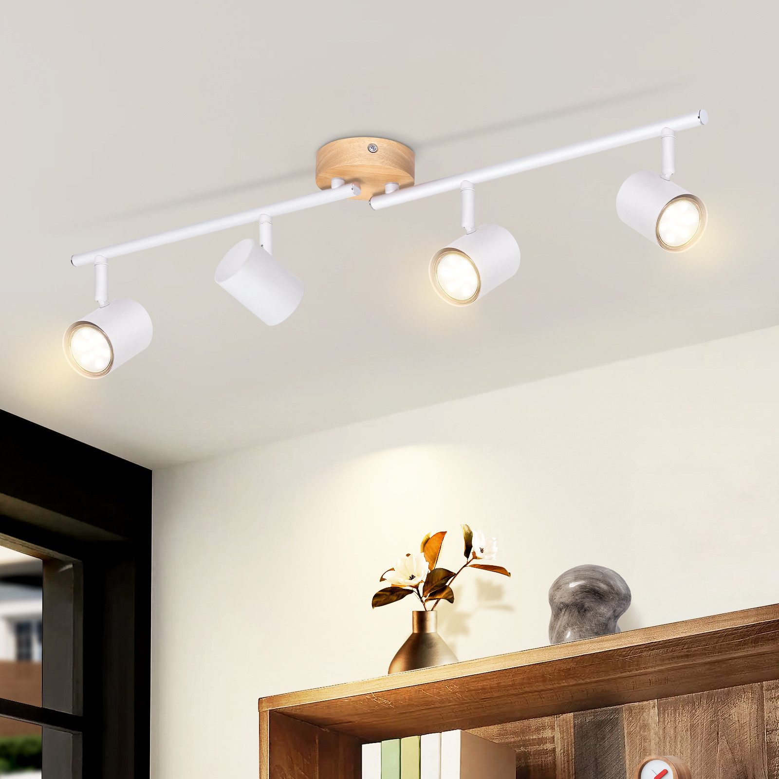 NETTLIFE LED - taklampa med 4 lågor - vit taklampa GU10 vridbar spotlight i trä utan glödlampa