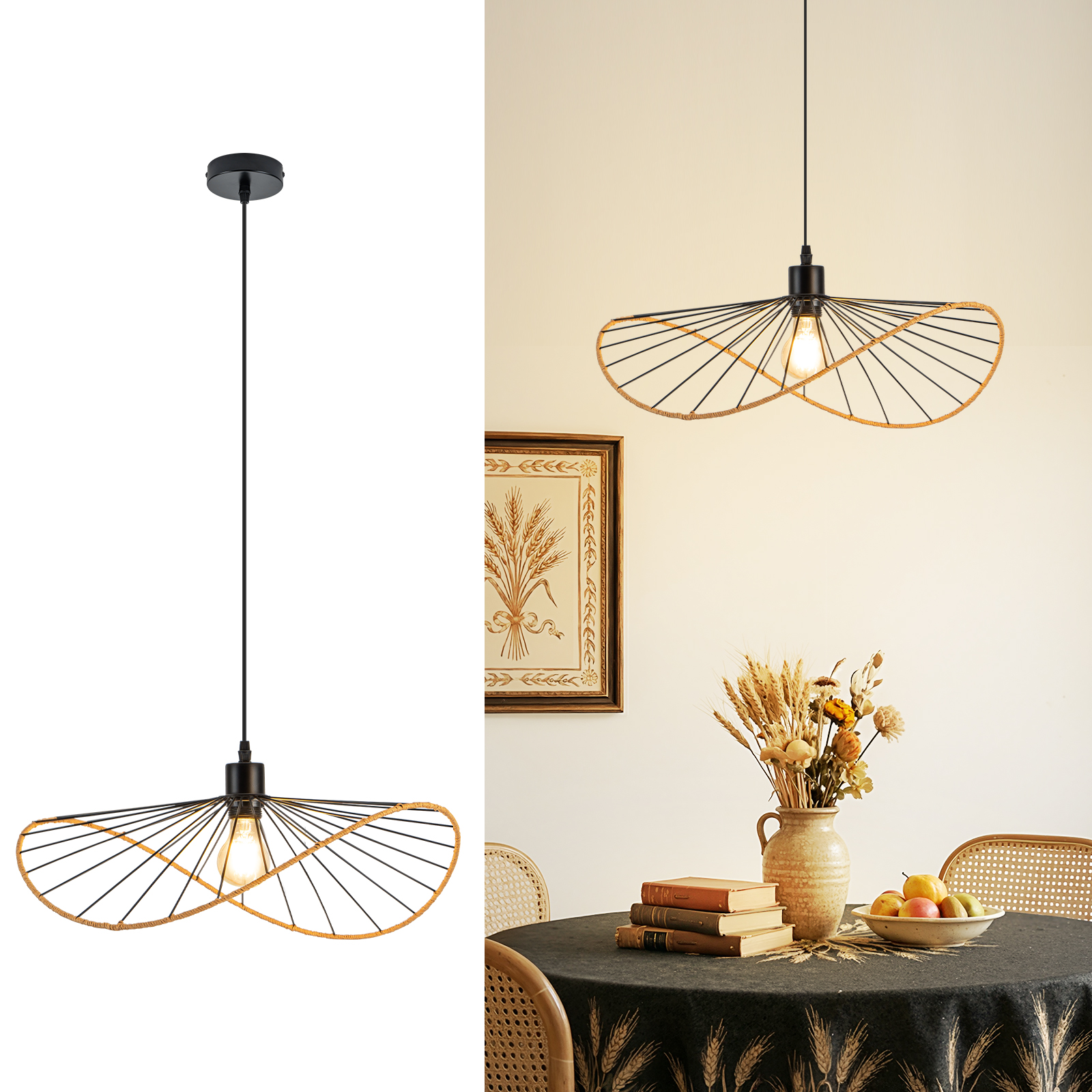 NETTLIFE pendellampa svart retro bohemisk pendellampa E27 50cm (utan glödlampa)