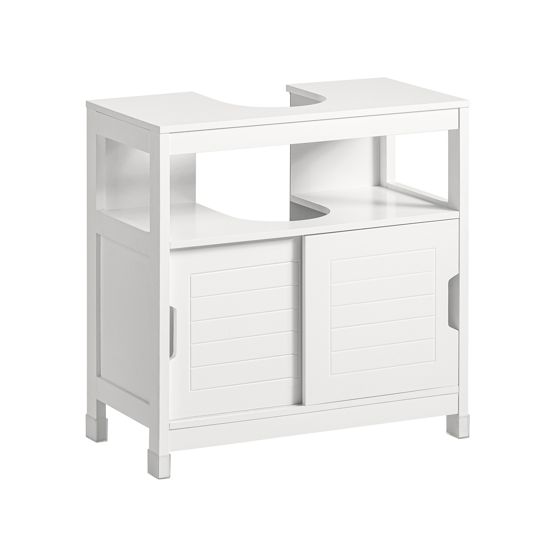 SoBuy Underskåp med Skjutdörrar, Smalt Badrumsskåp för Små Utrymmen, Toaletthandfatsskåpsorganisatör, Golvskåp för Badrumshandfat, Vit, 60x30x61cm, FRG128-II-W