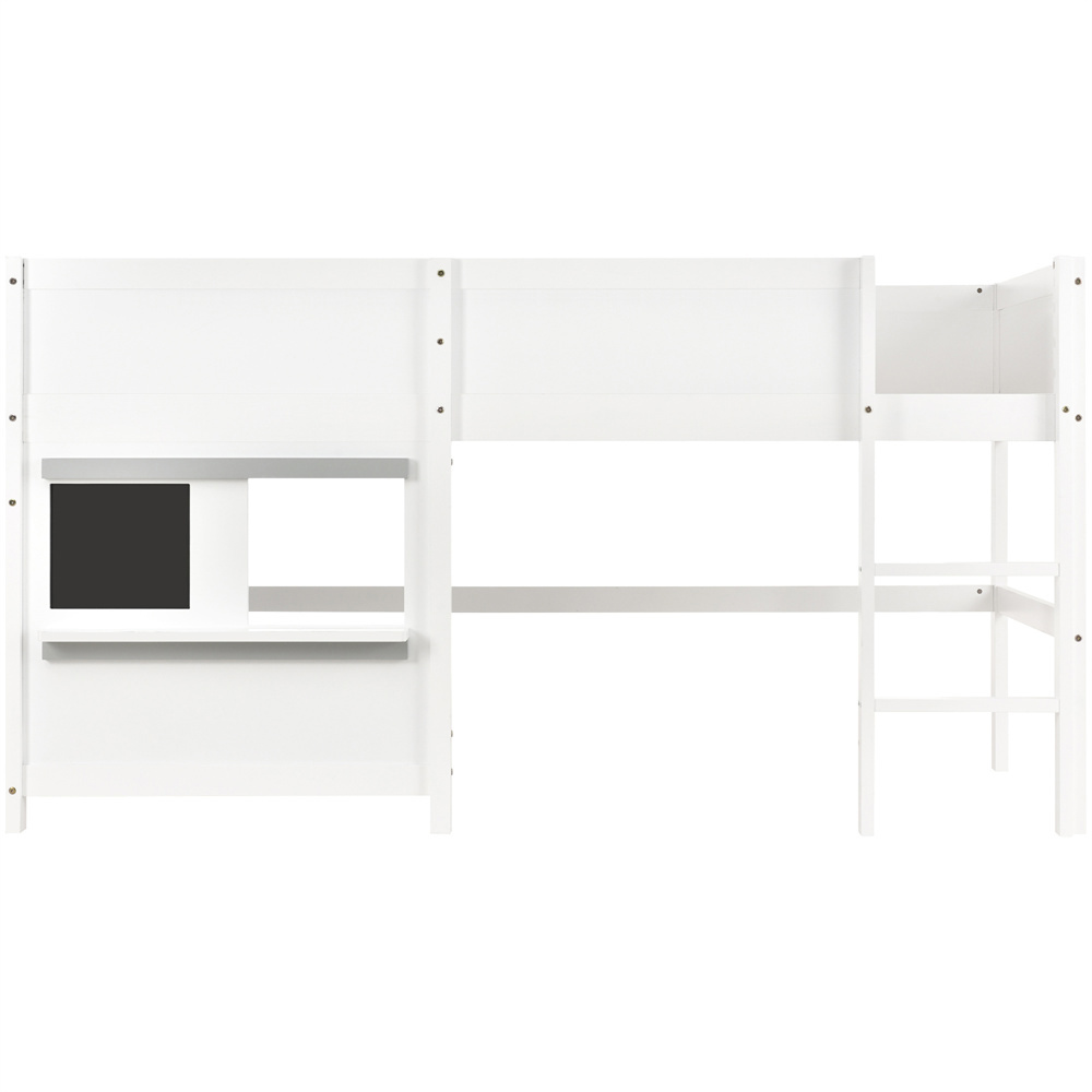 Våningssäng stuga 90 x 200 cm, vit, 2 hyllor, griffeltavla