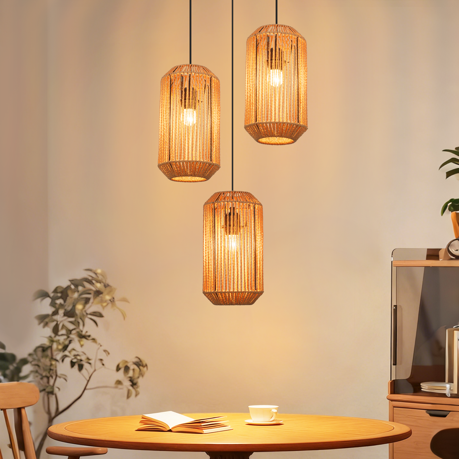 NETTLIFE 3-ljuslampor rottingpendellampa vintage flätad hö E27 boho justerbar höjd sovrum vardagsrum (lampa ingår ej)