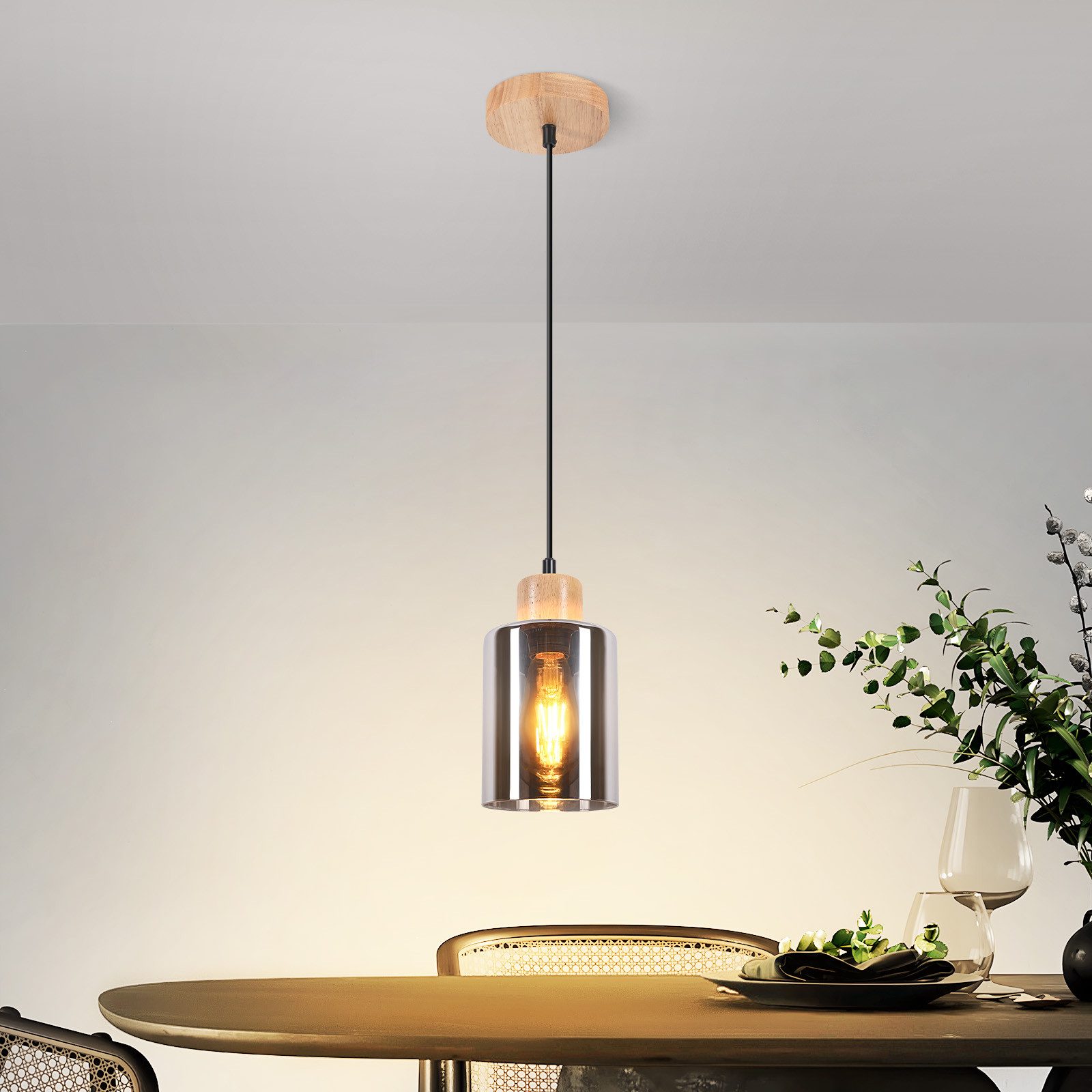 NETTLIFE trähänglampa, E27-hänglampa, vintage matbordslampa i glas