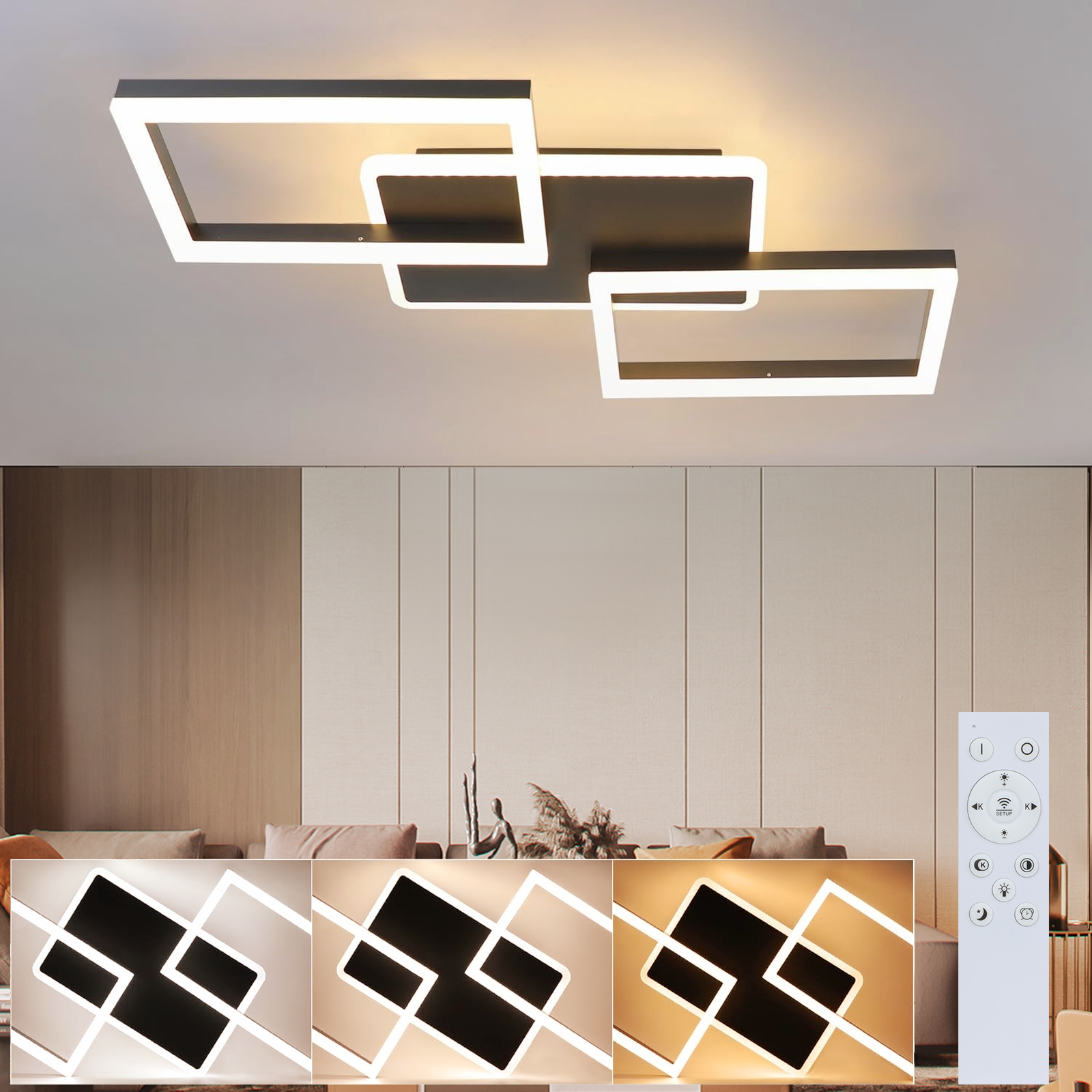 NETTLIFE LED - taklampa, för vardagsrummet, 48W, dimbar, vardagsrumslampa, modern, design - lampa, svart Med fjärrkontroll
