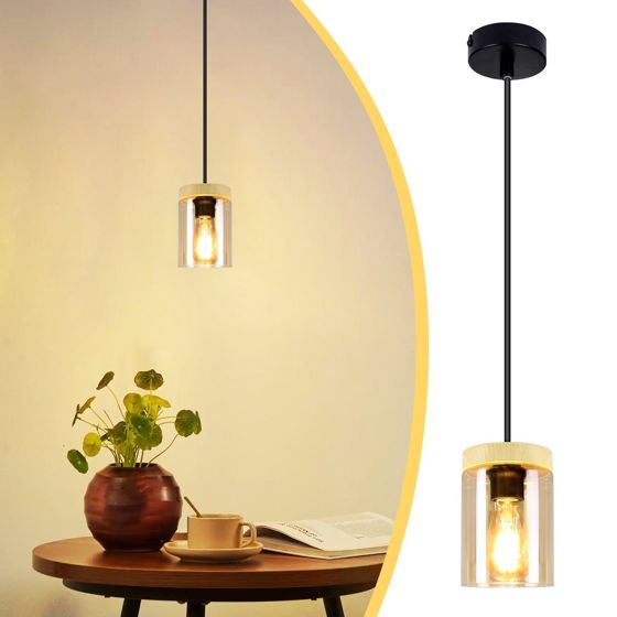 NETTLIFE pendellampa E27 Vintage svart, diameter 12 cm trä, metall med glasskärm, för matsal Kök