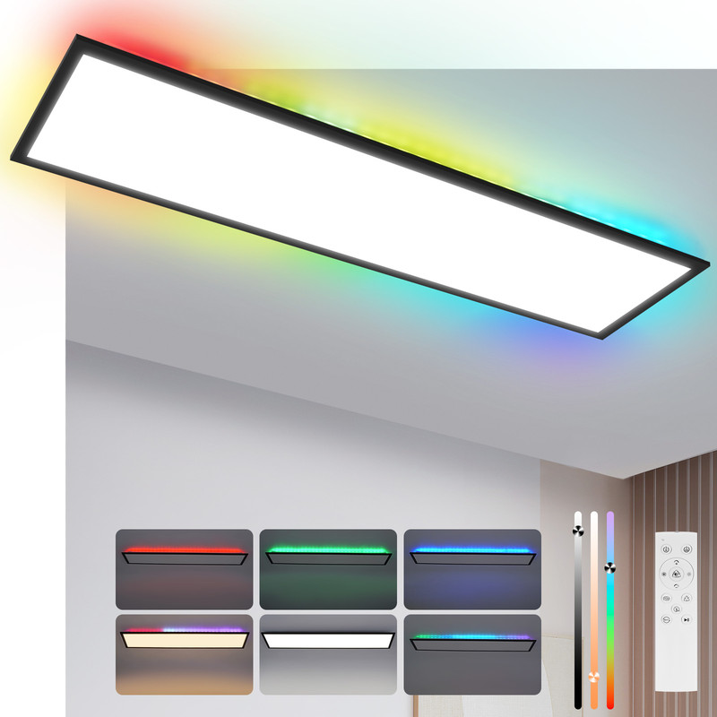 NETTLIFE LED-panel 100 x 25 cm dimbar RGB-bakgrundsbelysning färgskiftande platt taklampa med fjärrkontroll svart 24W