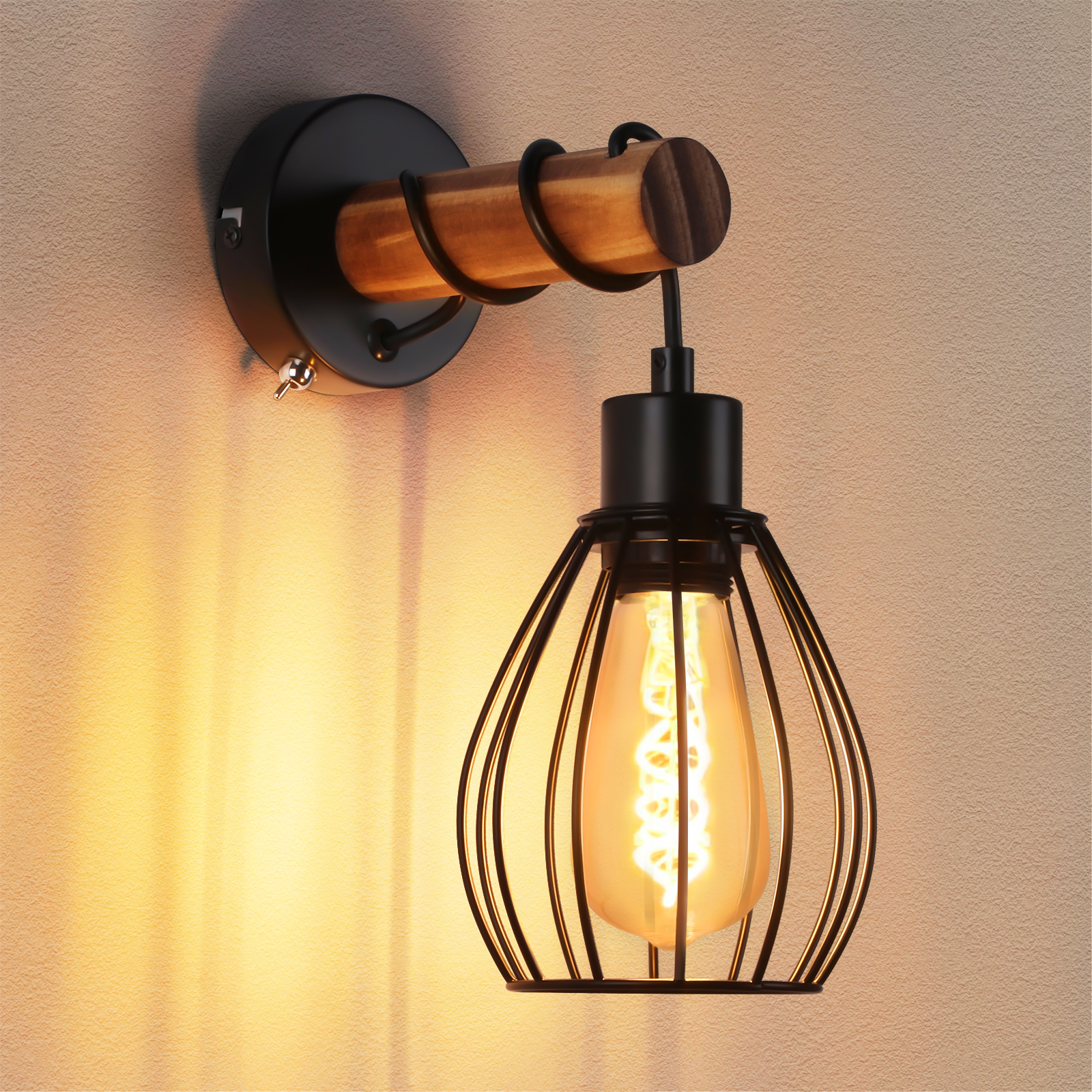 NETTLIFE Vägglampa med Strömbrytare Vintage Vägglampa: Svart Trävägglampa E27 Industriell