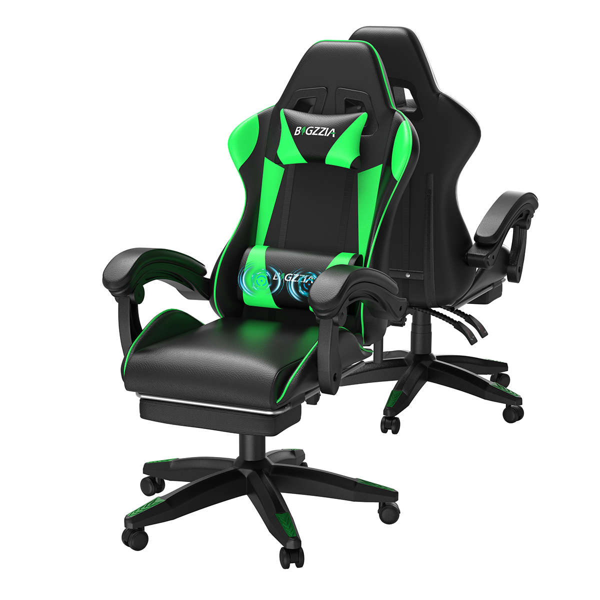 Gamingstol A02 ergonomisk massage ländstöd fotstöd lutning 90 135 spel arbete svart grön
