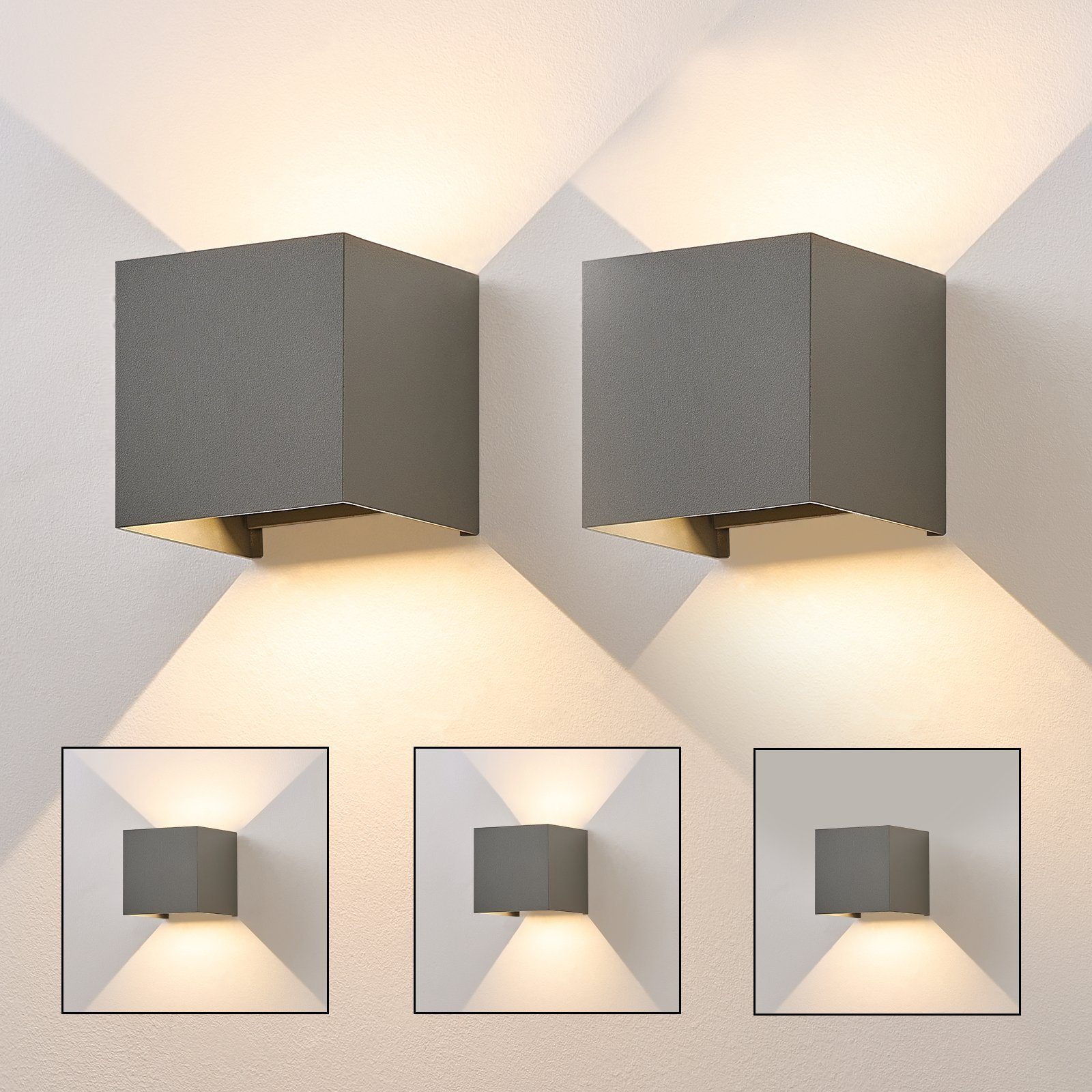 NETTLIFE 5W, LED - vägglampa, 2 st - Vägglampa för utomhusbruk/inomhusbruk, grå, justerbar Dubbelstråle Vattentät, IP65, 230V, 3000K