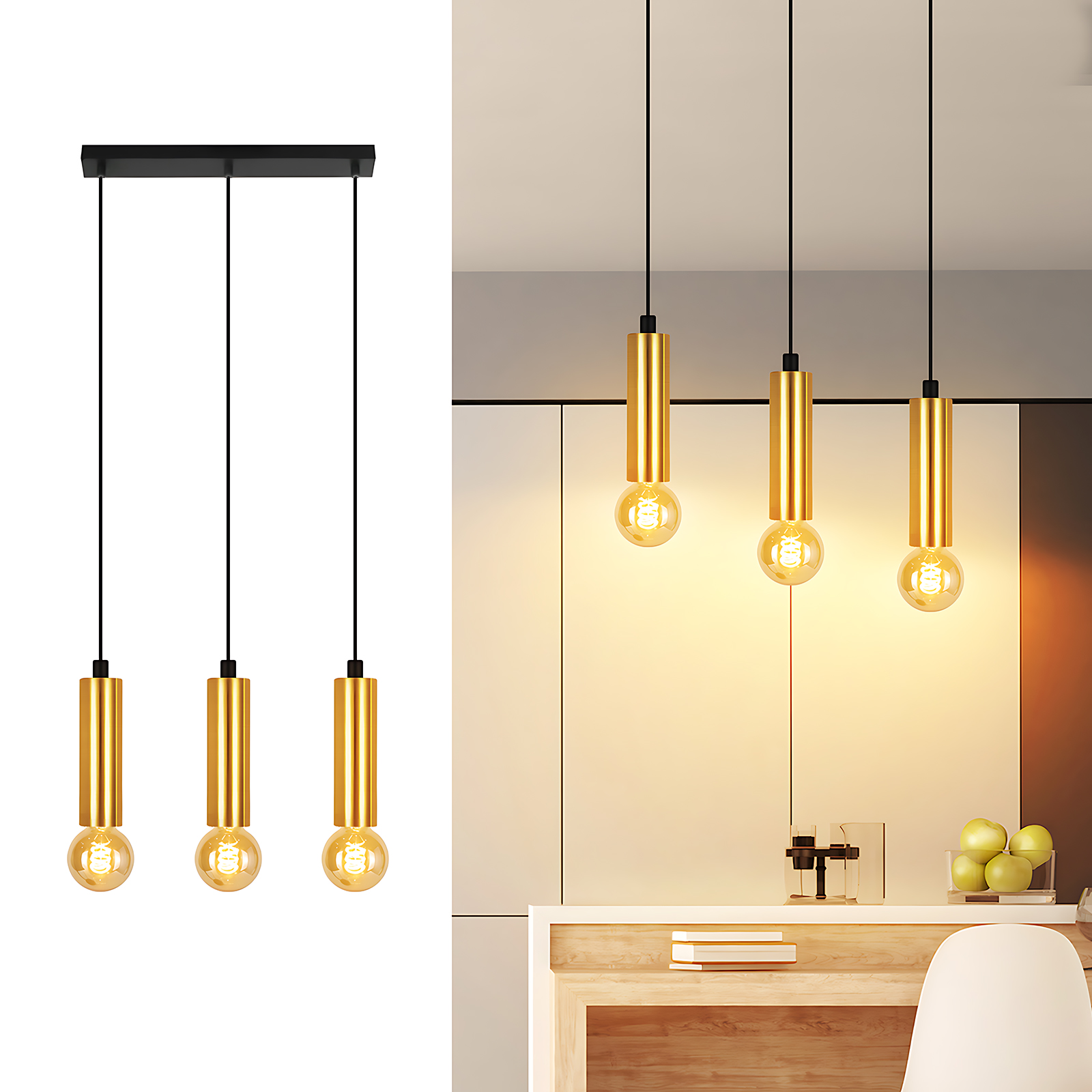 NETTLIFEGuld, pendellampa, 3 lampor, pendellampa - pendellampa, matbord, E27, industriell, metall, pendellampa
