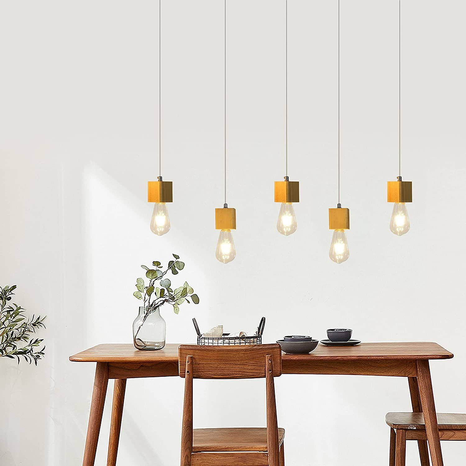 NETTLIFE 5-lågig, pendellampa E27, trä Vintage, diameter 60 cm för matsal För kök, vardagsrum, utan, glödlampa
