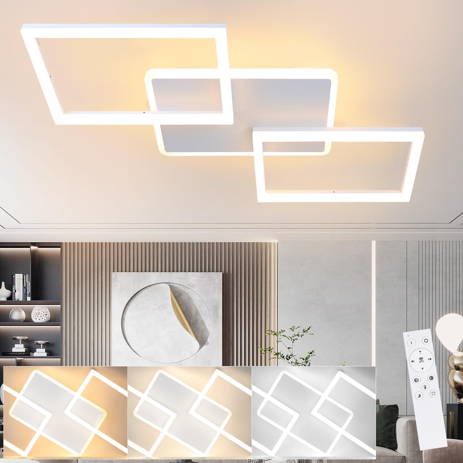 NETTLIFE LED-taklampa, 48 W, dimbar vardagsrumslampa med fjärrkontroll, modern design, sovrum vit För kök För hall