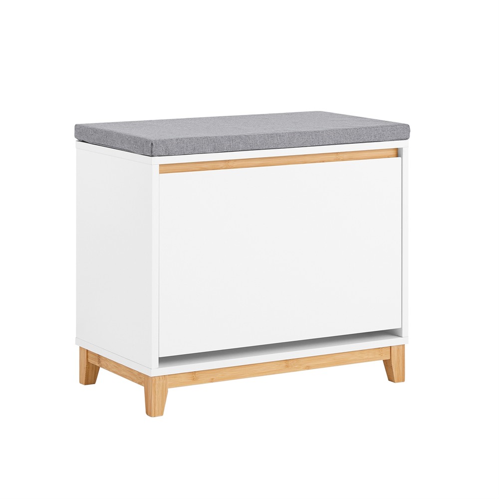 SoBuy Skoställ, skoskåp med klaff, skobänk med sittdyna, skobyrå, sittbänk, vit och natur, BH ca 60 x 55 x 34 cm FSR191-WN