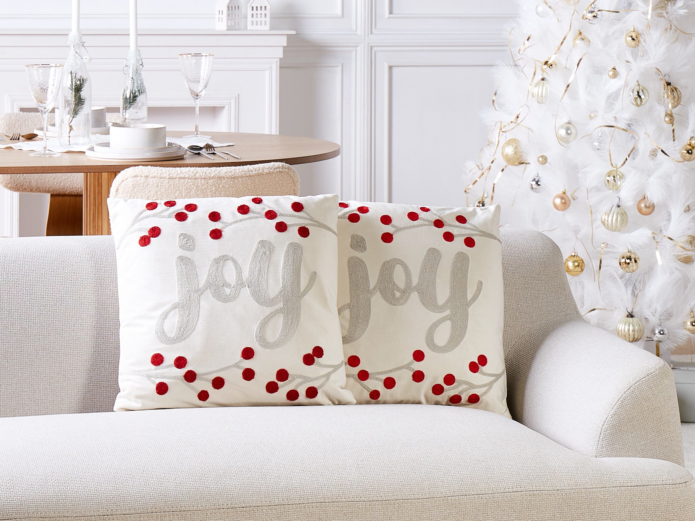 Set med 2 prydnadskuddar PRALINE 45 x 45 cm Sammet Vit Julmotiv