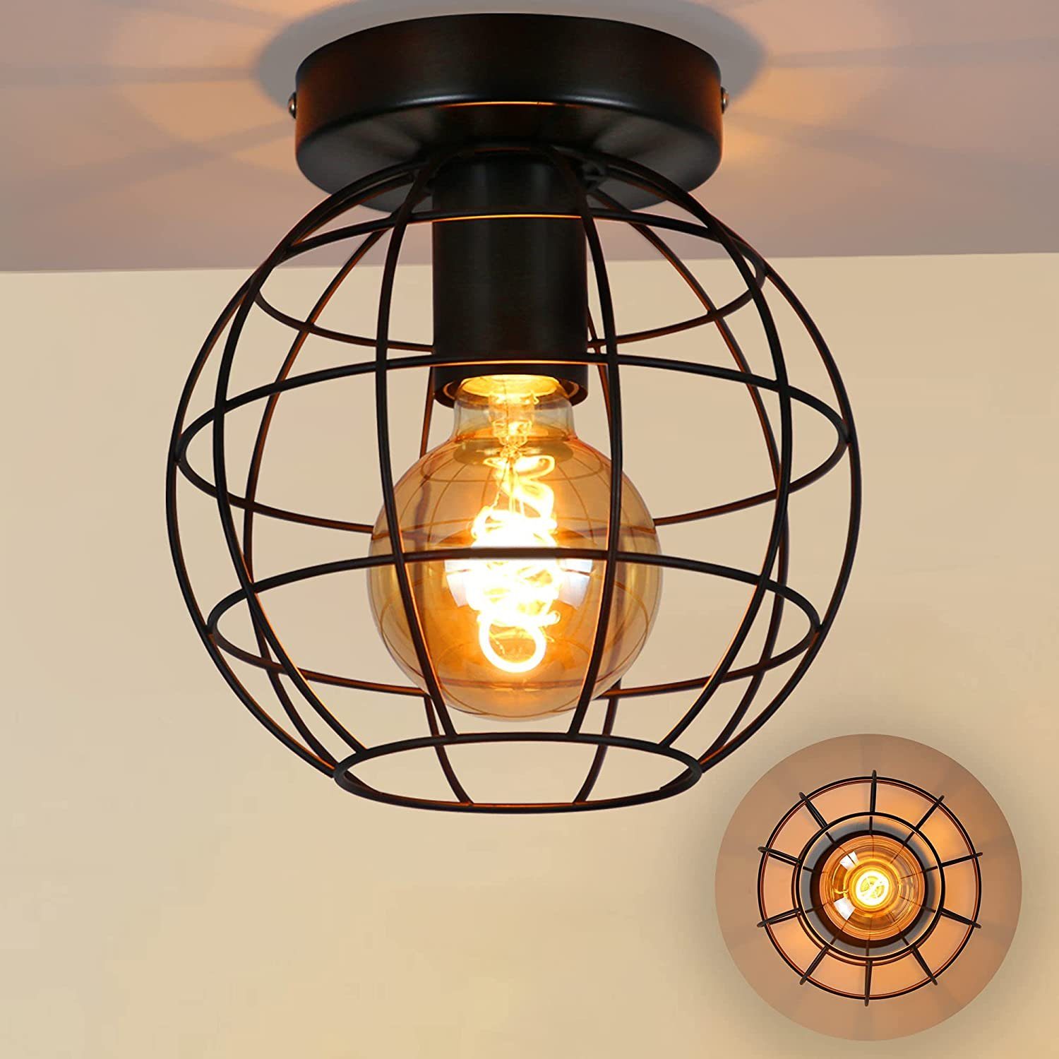 NETTLIFE Vintage - industriell, taklampa i metall, svart för hall, glödlampa E27 - lampskärm, retro - trapplampa för kök