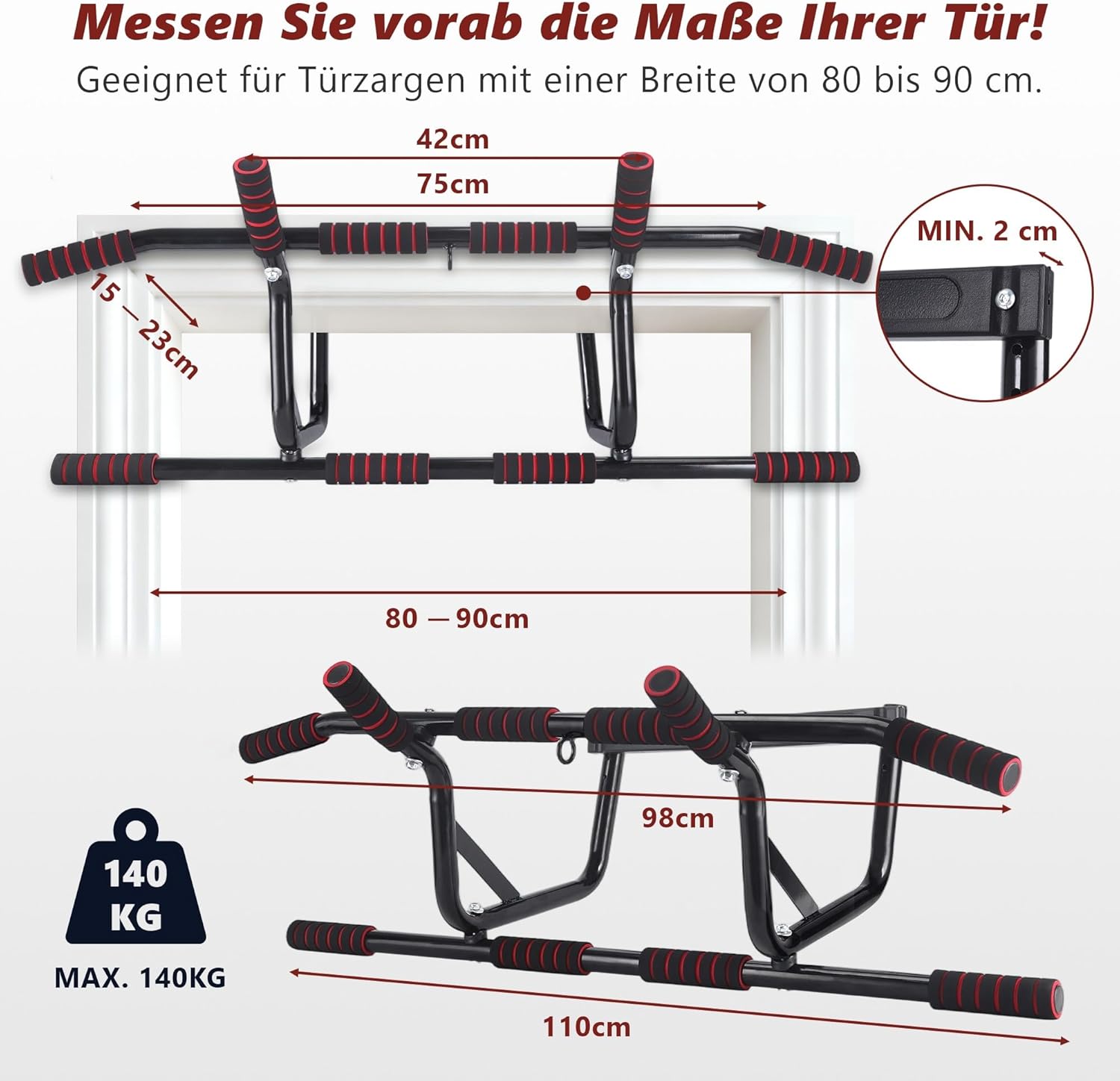 ZMH Door Ramband Bar med vadderade, icke-slip handtag, röd, fitness verktyg