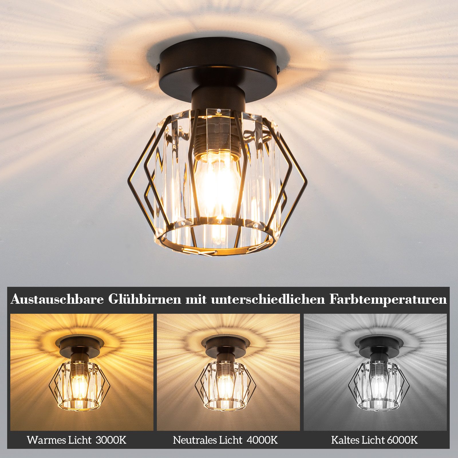 NETTLIFE modern, svart, kristall taklampa, E27, vintage - kök, lampa, med metallram