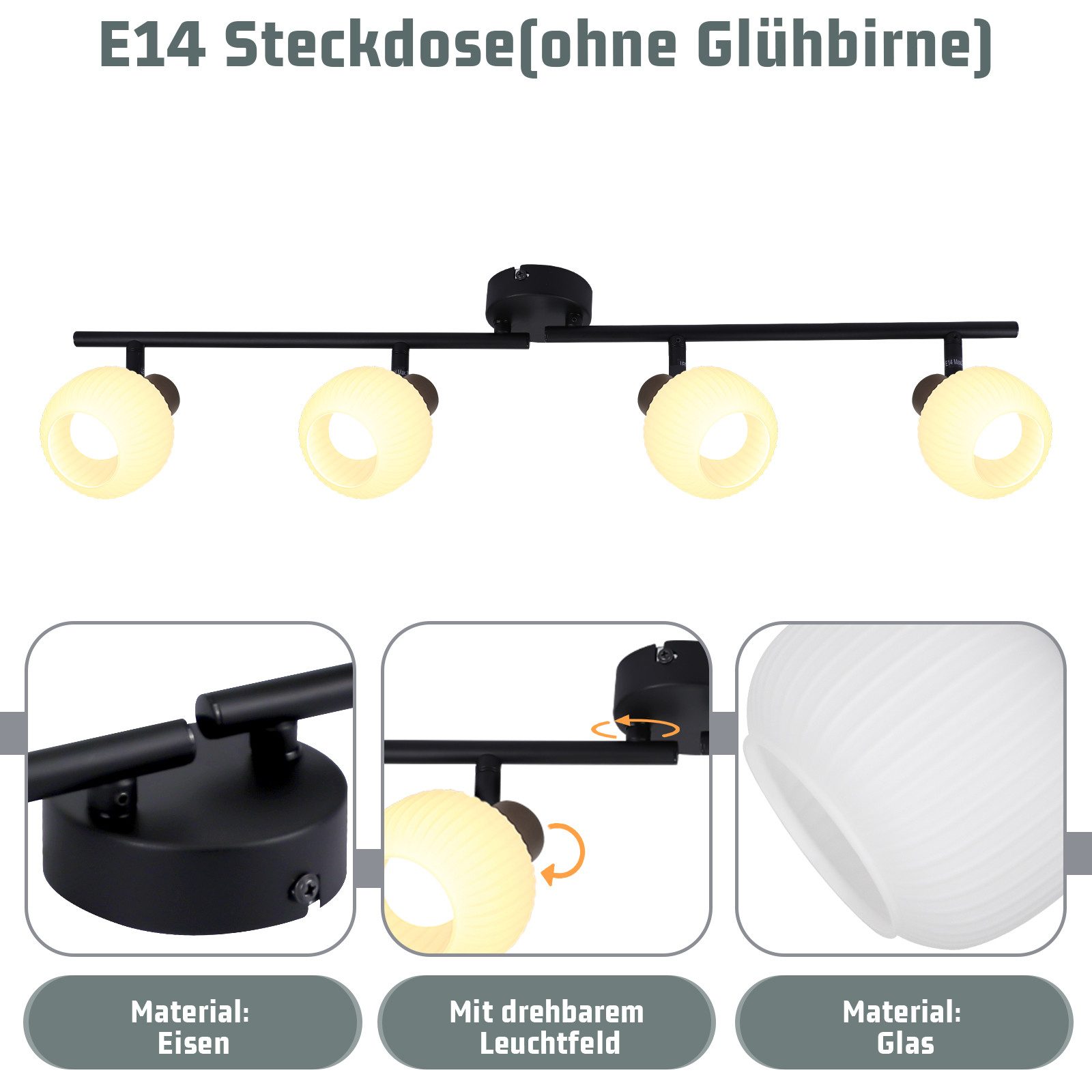 NETTLIFE vit takspotlight E14 taklampa 4 ljuskällor invändig glasskärm justerbar spotlight