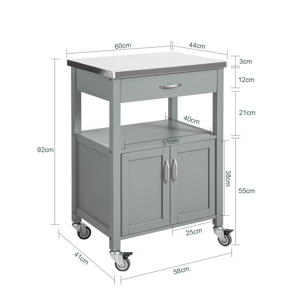 SoBuy Köksvagn med Arbetsyta Serveringsvagn med Hjul Sido Bord i Trä Rollvagn Kökshylla Stående Mångsidig Skåp för Kök, Utomhus & Sovrum Ljusgrå 60x44x92cm FKW22-HG