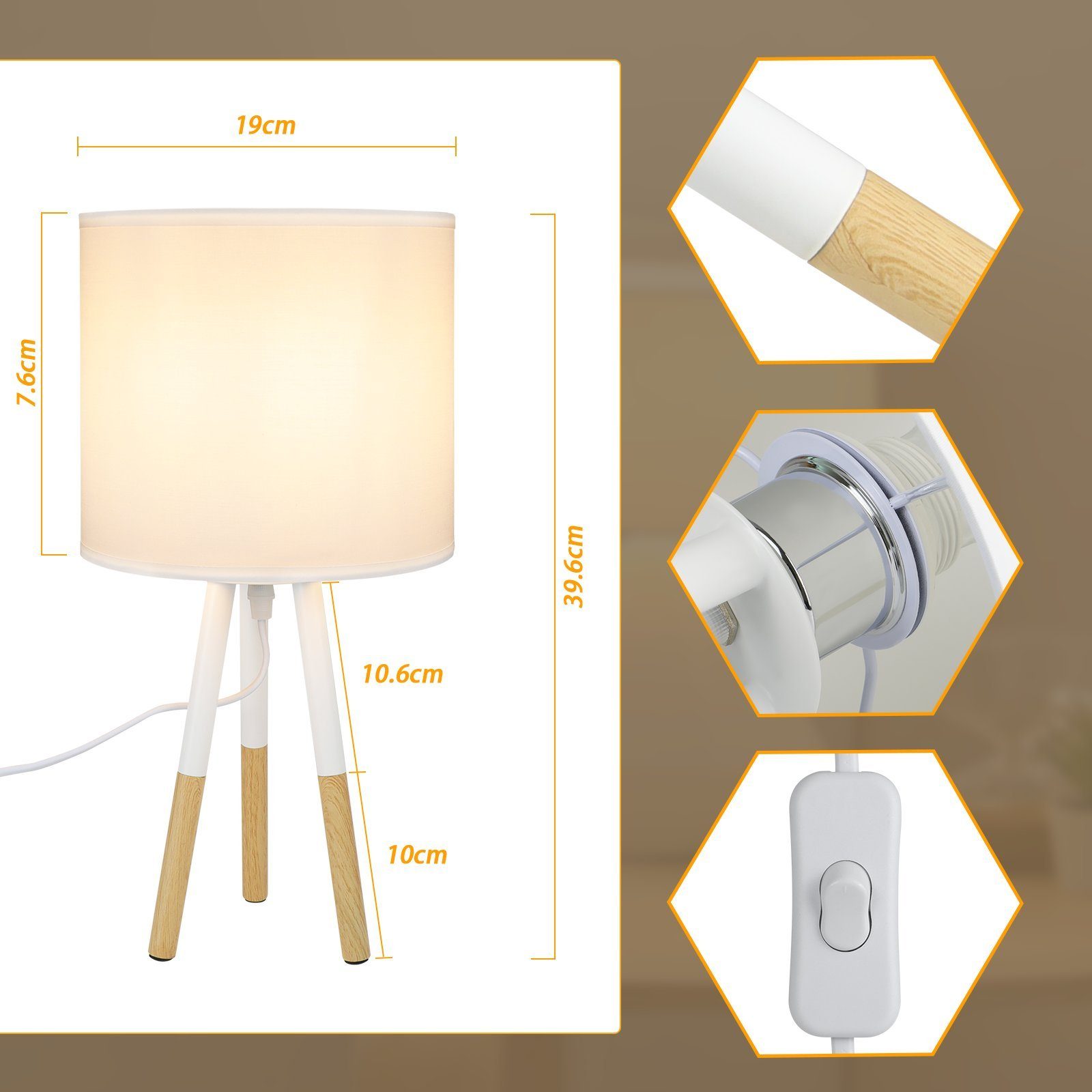 NETTLIFE Nattduksbordslampset, 1 st, modern bordslampa - Vardagsrumsbordslampa med tygskärm, E27-sockel, max. 40 W, vit