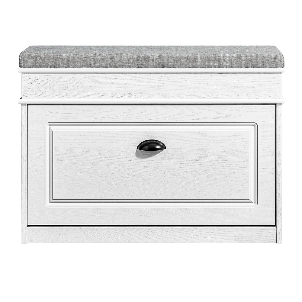 SoBuy Skobänk med sittdyna förvaringsutrymme skoskåp med klaff, skohylla smal platsbesparande sittbänk med förvaringsutrymme för hall, vardagsrum, vit vintage träkorn effekt 75 x 51 x 24 cm FSR82-L-WG