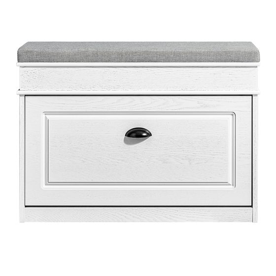 SoBuy Skobänk med sittdyna förvaringsutrymme skoskåp med klaff, skohylla smal platsbesparande sittbänk med förvaringsutrymme för hall, vardagsrum, vit vintage träkorn effekt 75 x 51 x 24 cm FSR82-L-WG