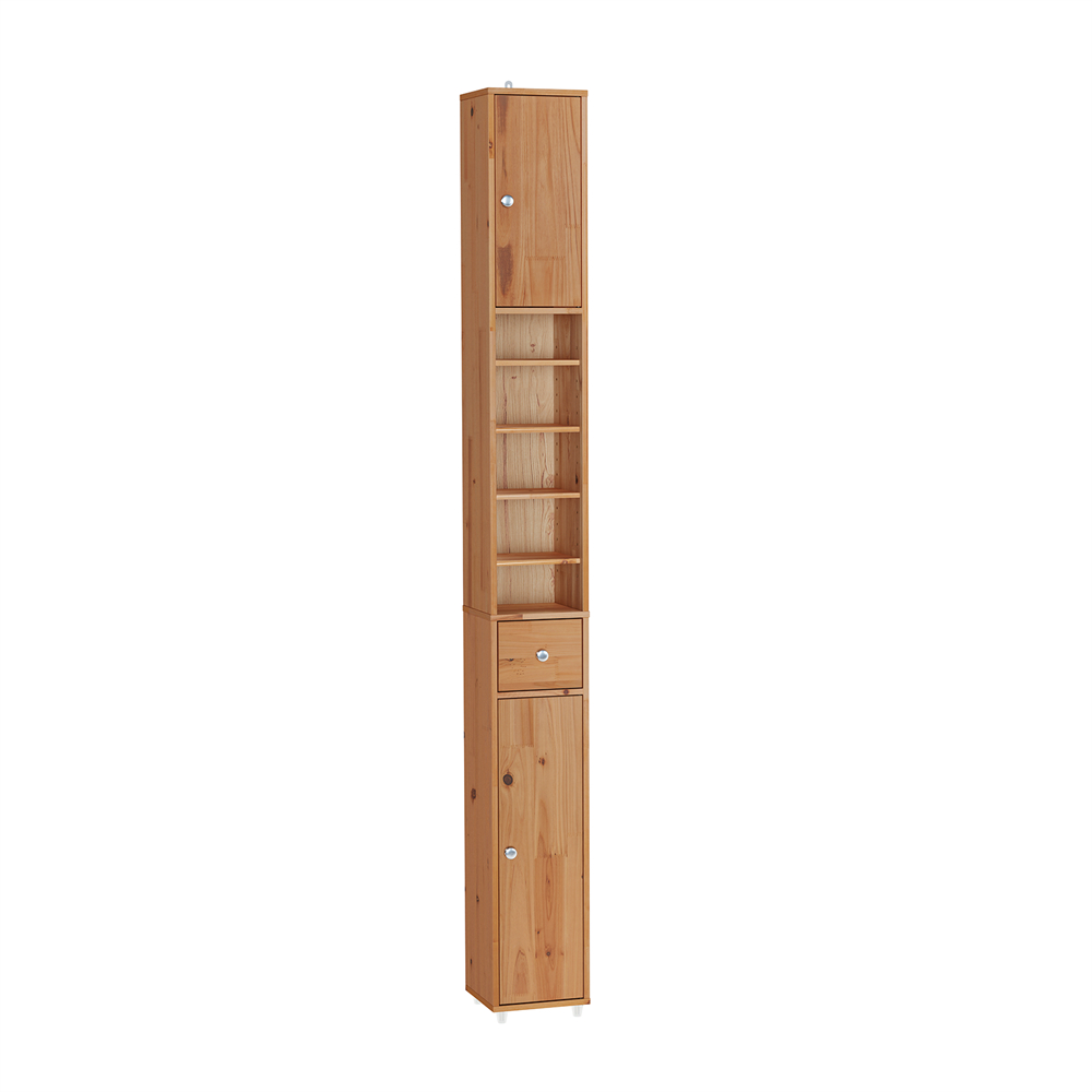 SoBuy BZR34-II-SH Smalt badrumsskåp - vattenavvisande, hög badrumskolonn med justerbara hyllor och låda - platsbesparande skåp, massivt trä, träfärg, 20x180x20cm