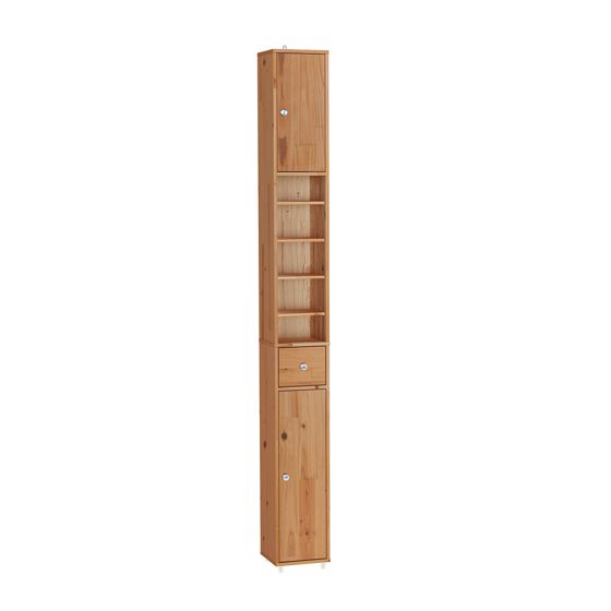 SoBuy BZR34-II-SH Smalt badrumsskåp - vattenavvisande, hög badrumskolonn med justerbara hyllor och låda - platsbesparande skåp, massivt trä, träfärg, 20x180x20cm
