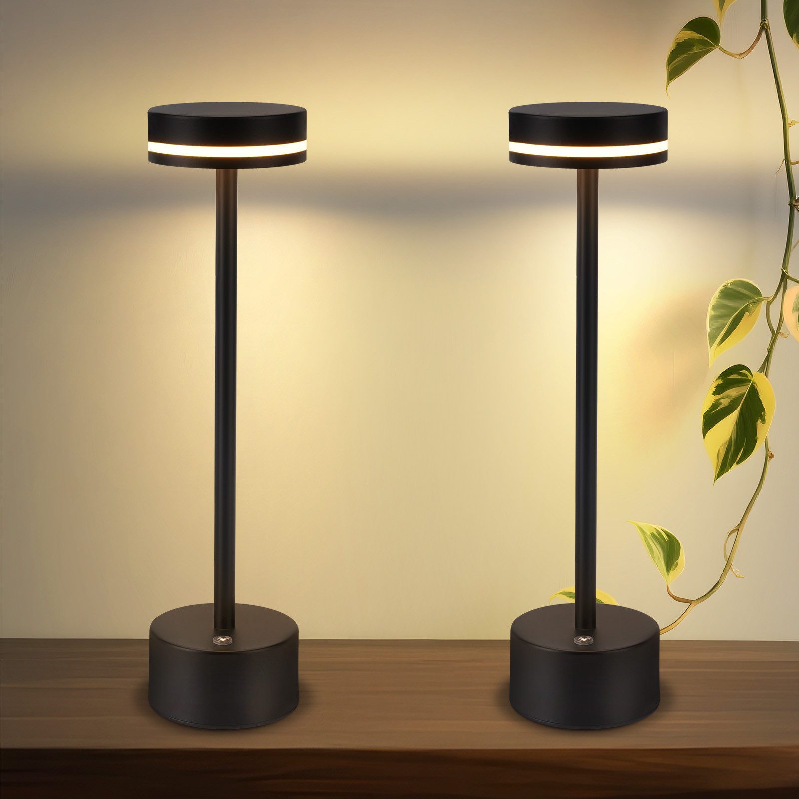 NETTLIFE LED-bordslampa, trådlös och dimbar. Laddningsbar via USB-C, touchkontroll. Svart, 2 st. Lämplig för sovrum och kontor.