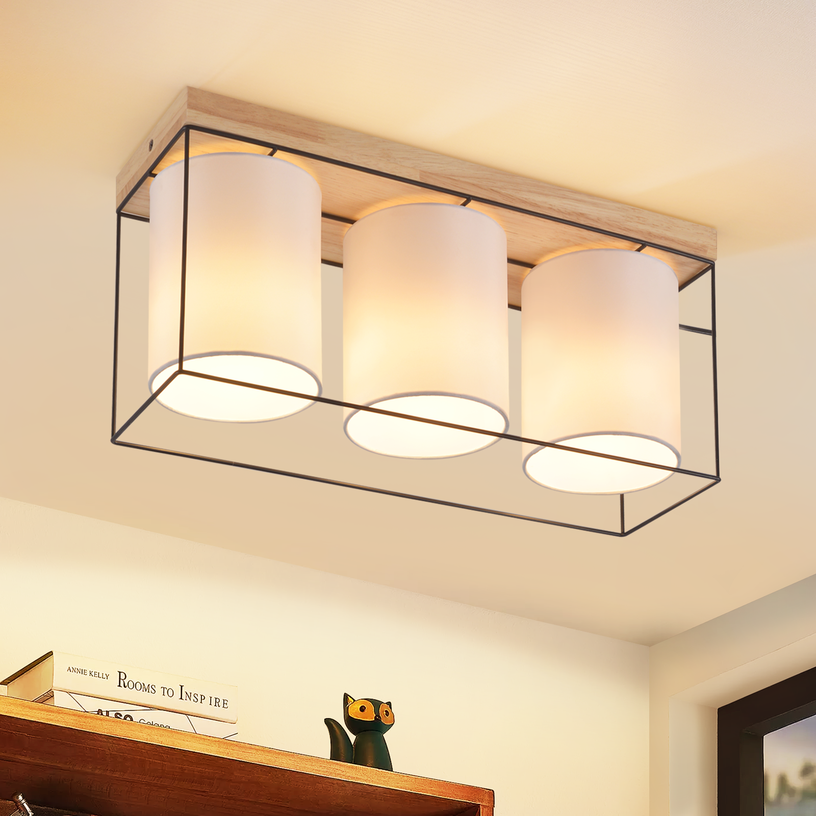 NETTLIFE Taklampa vardagsrumstaklampa i trä, 3 E14-lampor, vintagestil, retro - industriell stil