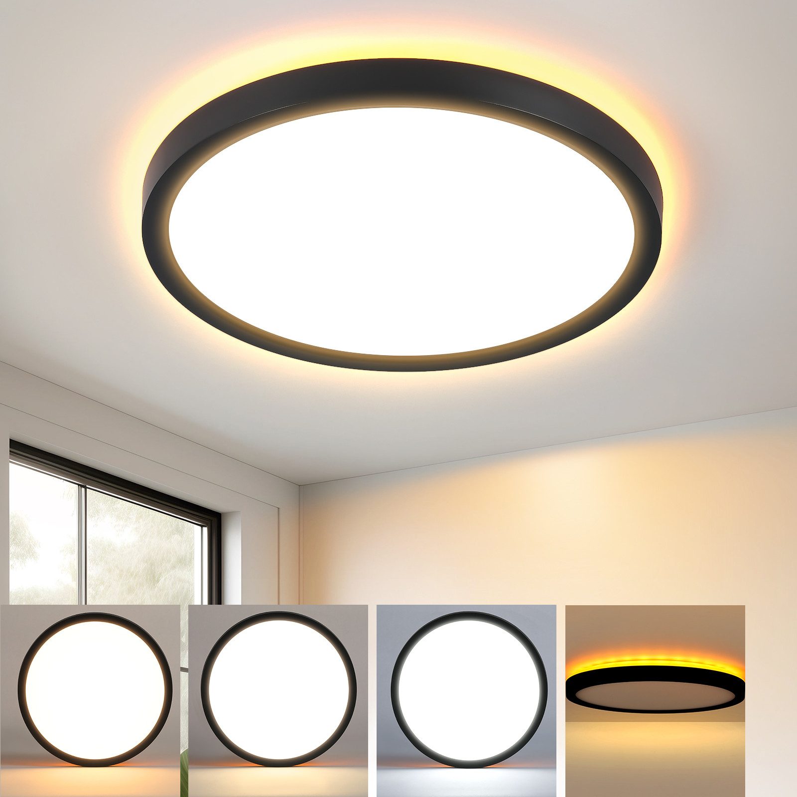 NETTLIFE svart, platt, LED-taklampa, 22 cm, 18 W, dimbar, för sovrum och kök, 3000K - 6500K