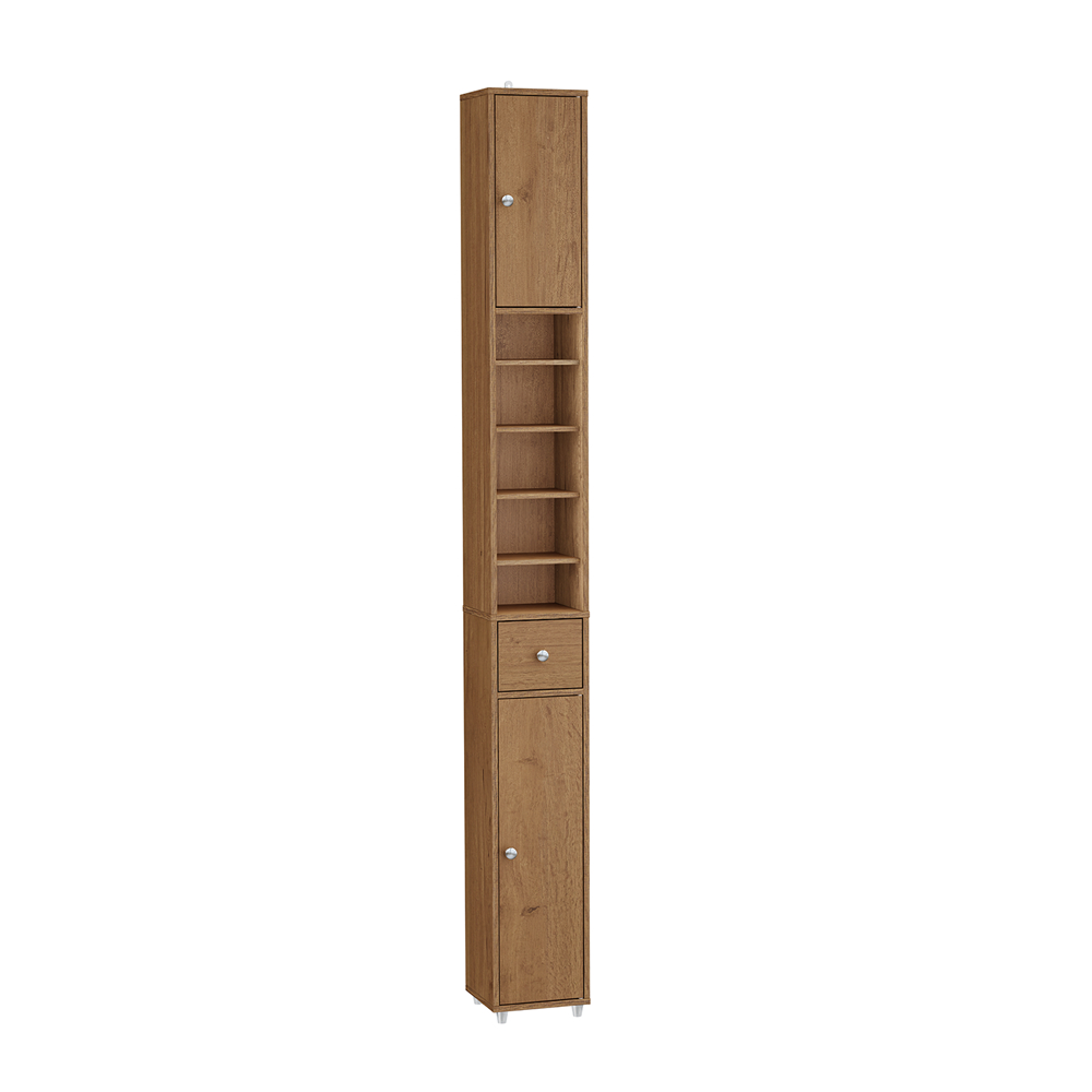 SoBuy Hög Badrumsförvaringsskåp – Fristående Smalt Badrumsskåp, Vattenresistent MDF med Justerbara Hyllor och Låda – Kompakt Badrumsmöbel, Naturlig träfärg, B20 x D20 x H180cm, BZR34-II-PF