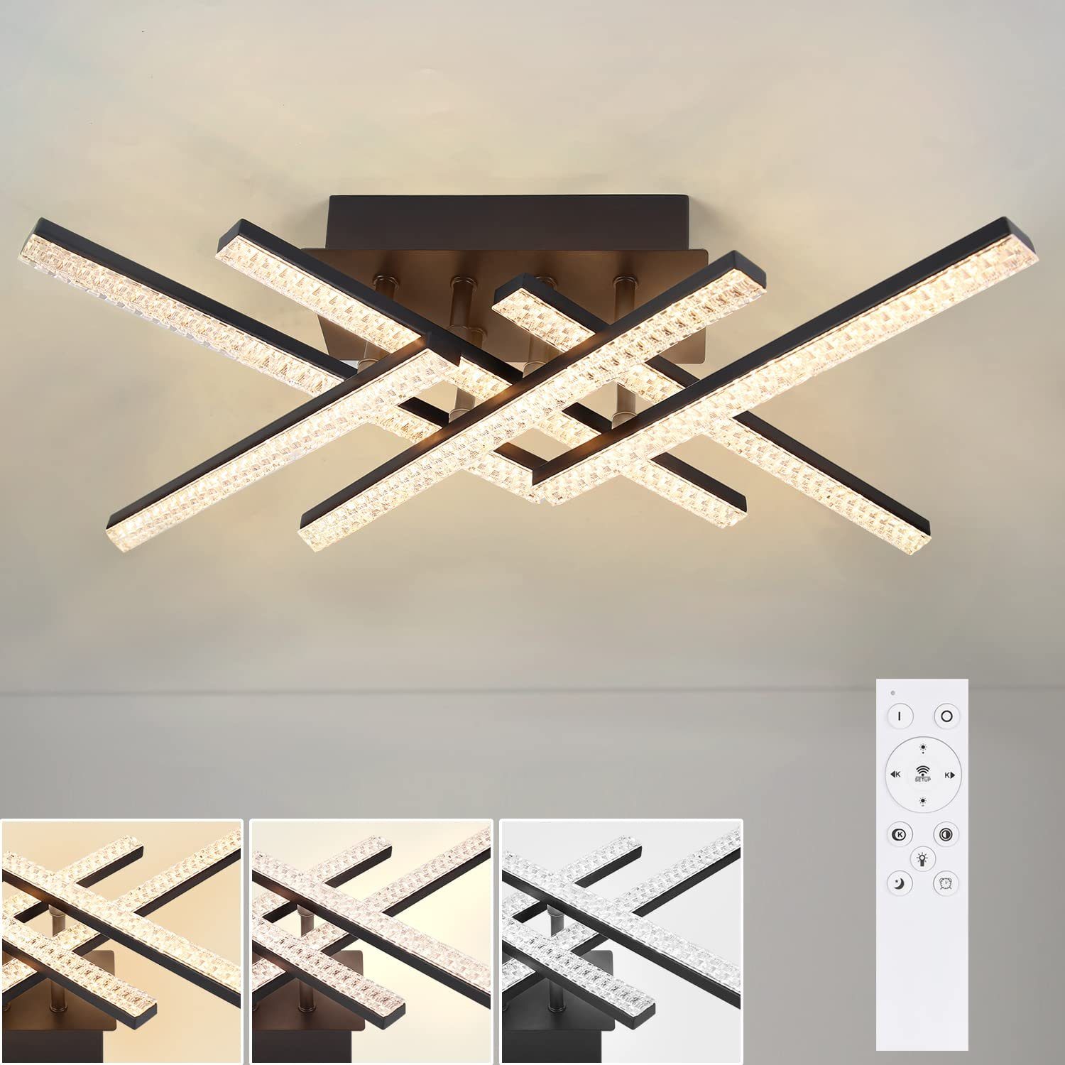 NETTLIFE LED - taklampa, modernt vardagsrum, lampa 50 cm svart, lampa med fjärrkontroll, 36 W kristalllampa för sovrum