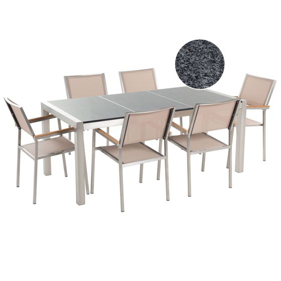 Trädgårdsmatgrupp 6-sits GROSSETO Trippelplatta Granit Polerad Grå/ Beige